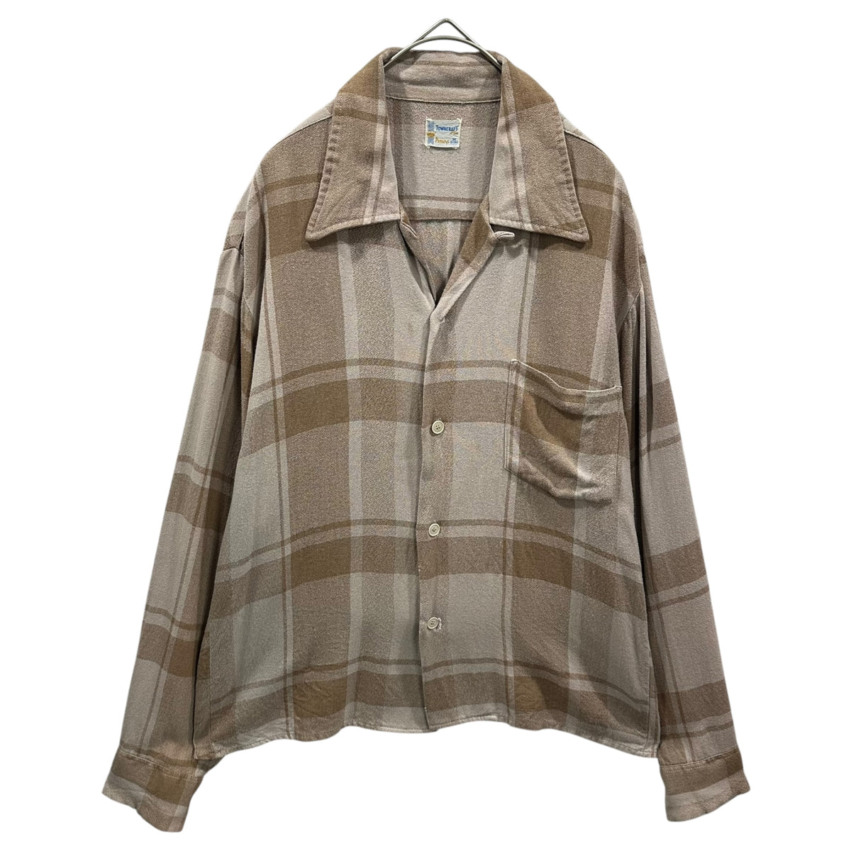 TOWNCRAFT Plus(タウンクラフトプラス) 1960's Ombre Check Rayon Gabardine Open Collar Shirt オンブレ チェック レーヨンギャバジン オープンカラー シャツ M ベージュ×ブラウン 60年代後半 ヴィンテージ 開襟