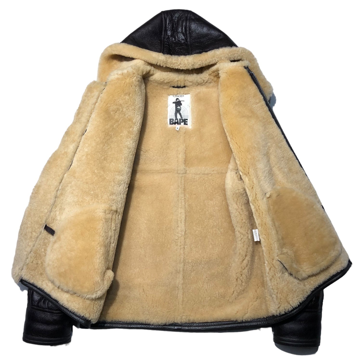A BATHING APE(アベイシングエイプ) 90's sheep shearling hooded jacket シープムートン フーデッド ジャケット XL ダークブラウン×ベージュ