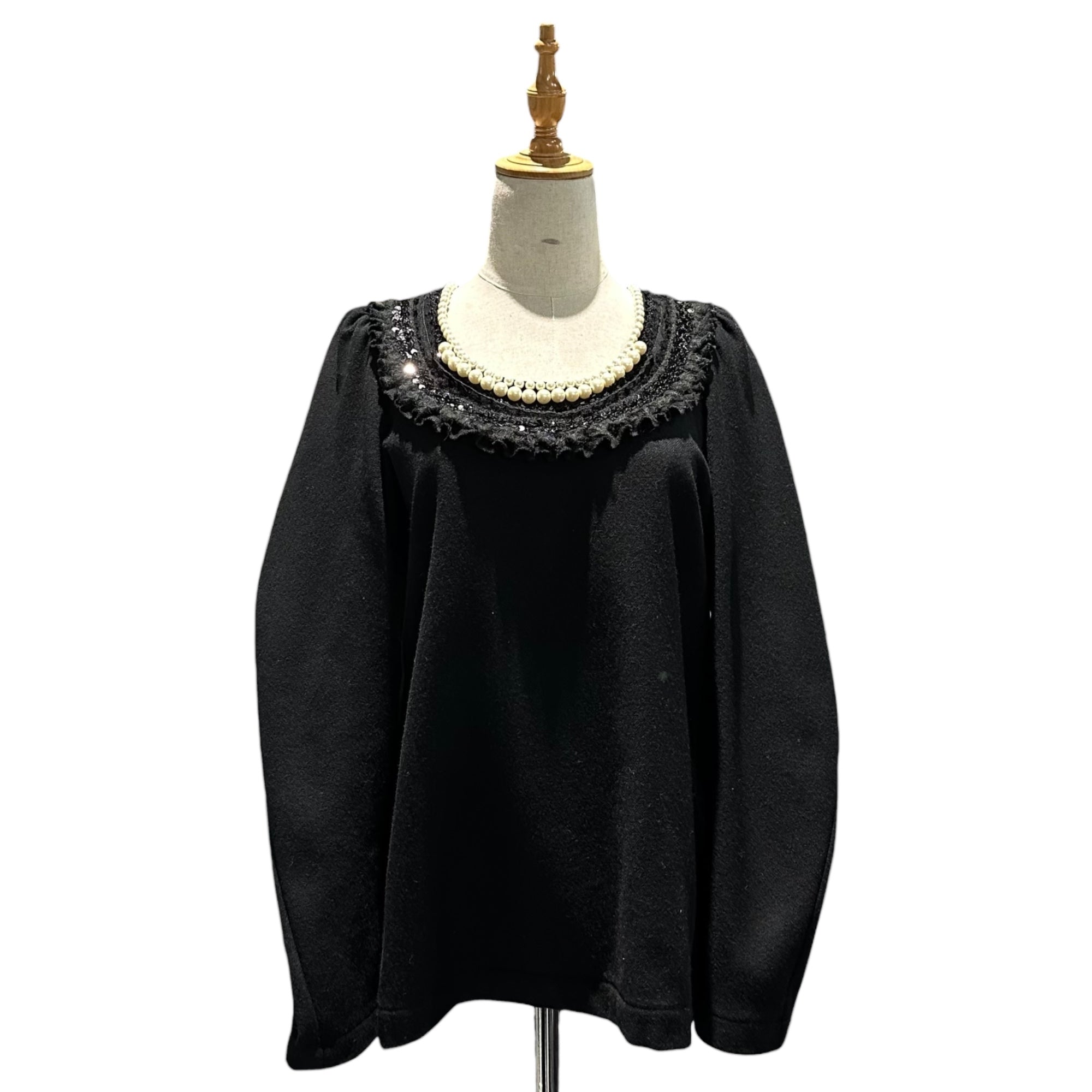 tricot COMME des GARCONS(トリココムデギャルソン) 06AW Pearl-Fringed Decorative Wool Pullover Sweatshirt パール フリル 装飾 ウール プルオーバー スウェット TR-B013 S ブラック×アイボリー AD2006 裏起毛