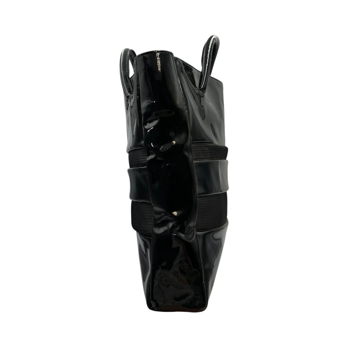 COMME des GARCONS(コムデギャルソン) Mesh-Paneled Patent Handbag メッシュ 切替 パテント ハンドバッグ FREE ブラック