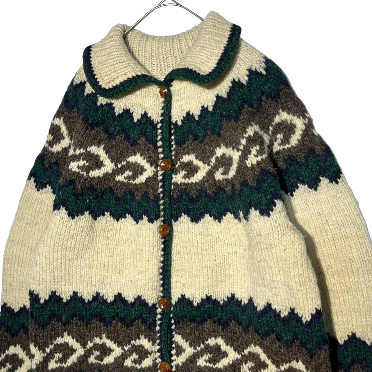 INDIGENOUS DESIGNS(インディアンデザインズ) Ecuador made Indian low gauge knit cardigan エクアドル製 インディアン ローゲージ ニット カーディガン カウチン L アイボリー×グリーン 環境保護 サスティナブル オーガニック