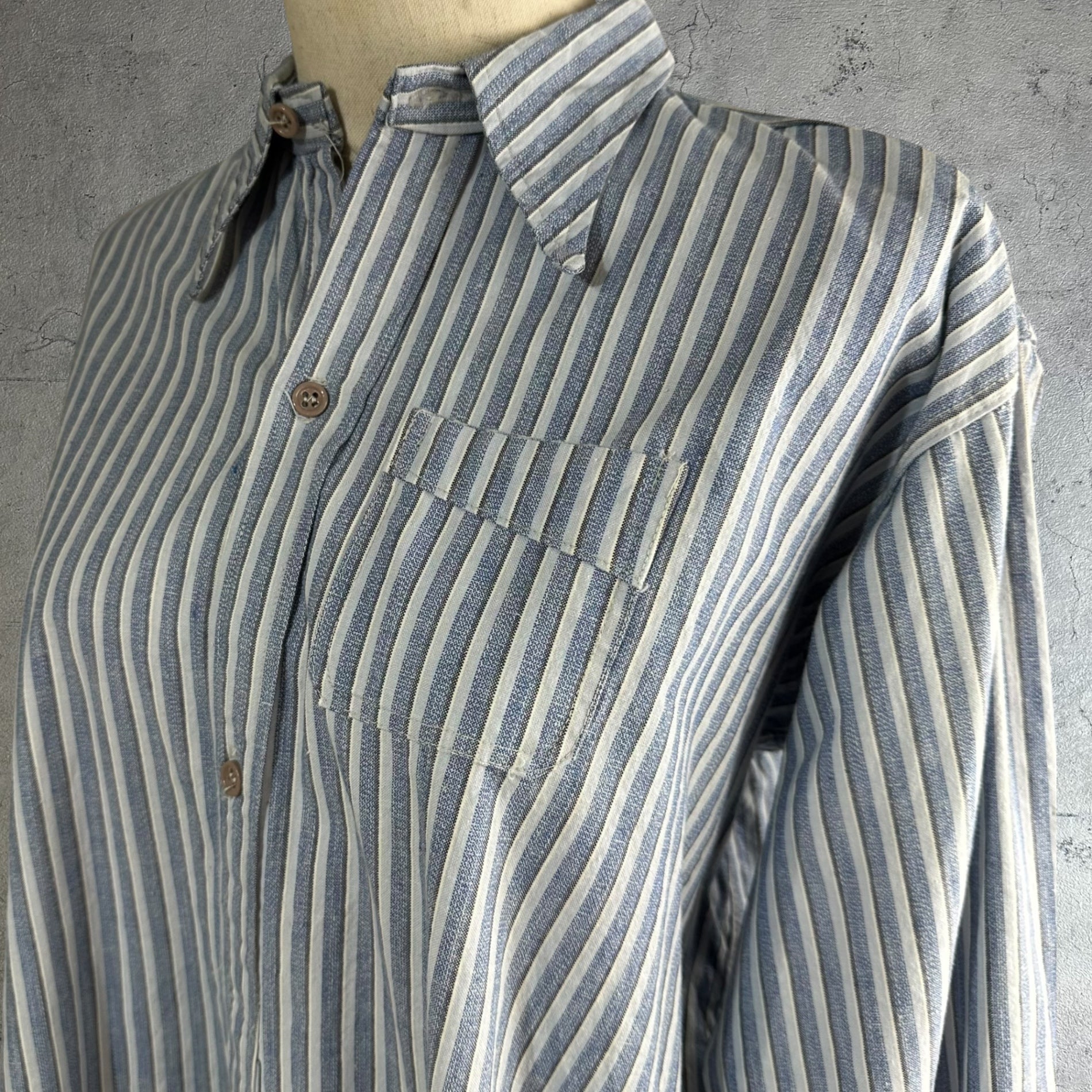 Euro vintage(ヨーロッパヴィンテージ) 30's French Vintage Striped Smock Shirt 30年代 フレンチ ヴィンテージ ストライプ スモック シャツ 110(L～XL相当) ブルー
