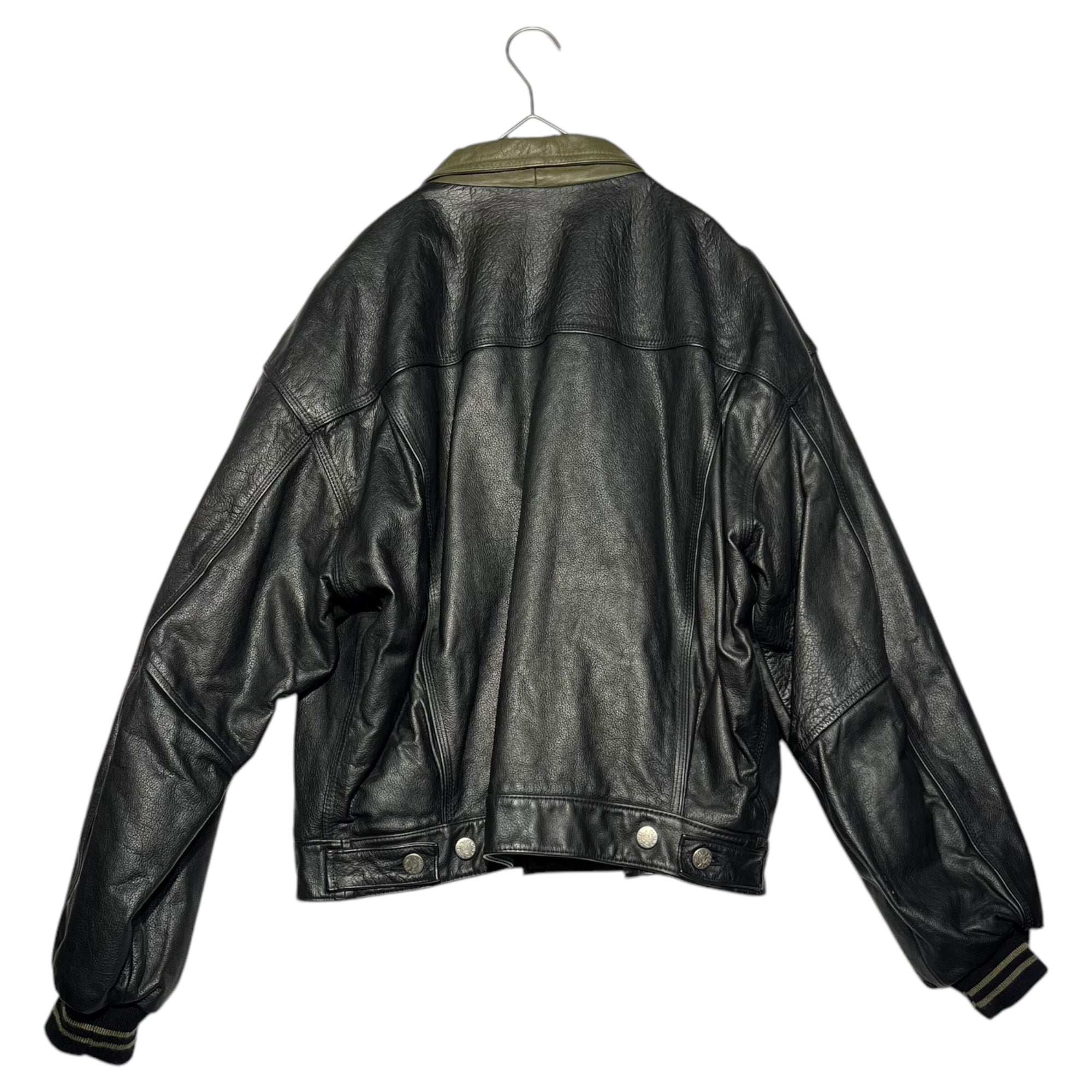 DIESEL SPORT(ディーゼルスポーツ) 90's LEATHER BICOLOR TRUCKER JACKET レザー バイカラー トラッカー ジャケット FREE ブラック×カーキ 90年代 スタジャン リブ カウレザー アーカイブ