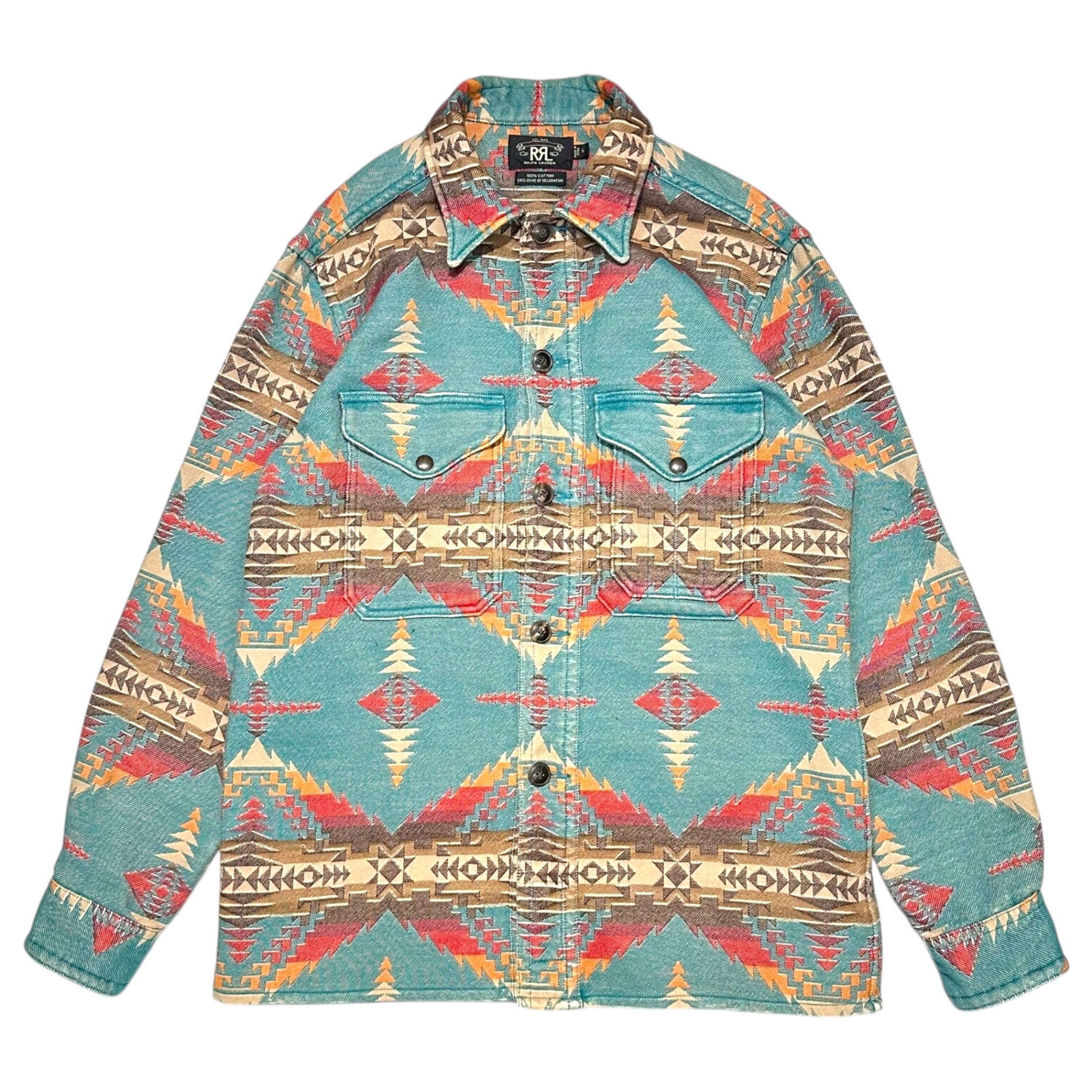 RRL(ダブルアールエル) NATIVE JACQUARD OVER SHIRT ネイティブ柄 コットン ジャガード エルボーパッチ シャツ ジャケット S ターコイズブルー×ブラウン