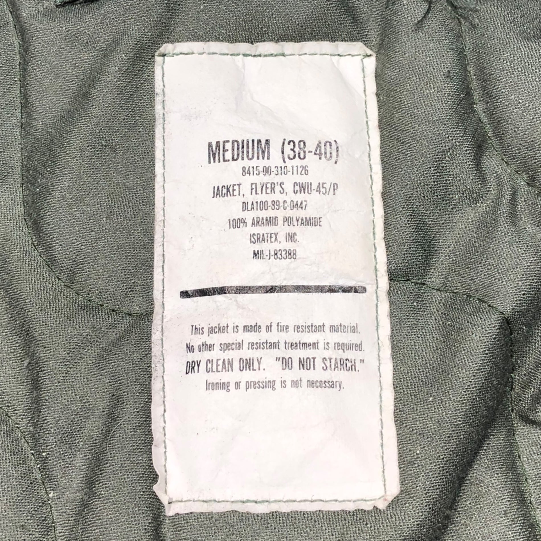 US AIR FORCE(ユーエスエアフォース) 80's CWU-45/P flight jacket フライト ジャケット 8415-00-310-1126 38-40(M-L程度) オリーブ ISRATEX社製 80年代 ミリタリー