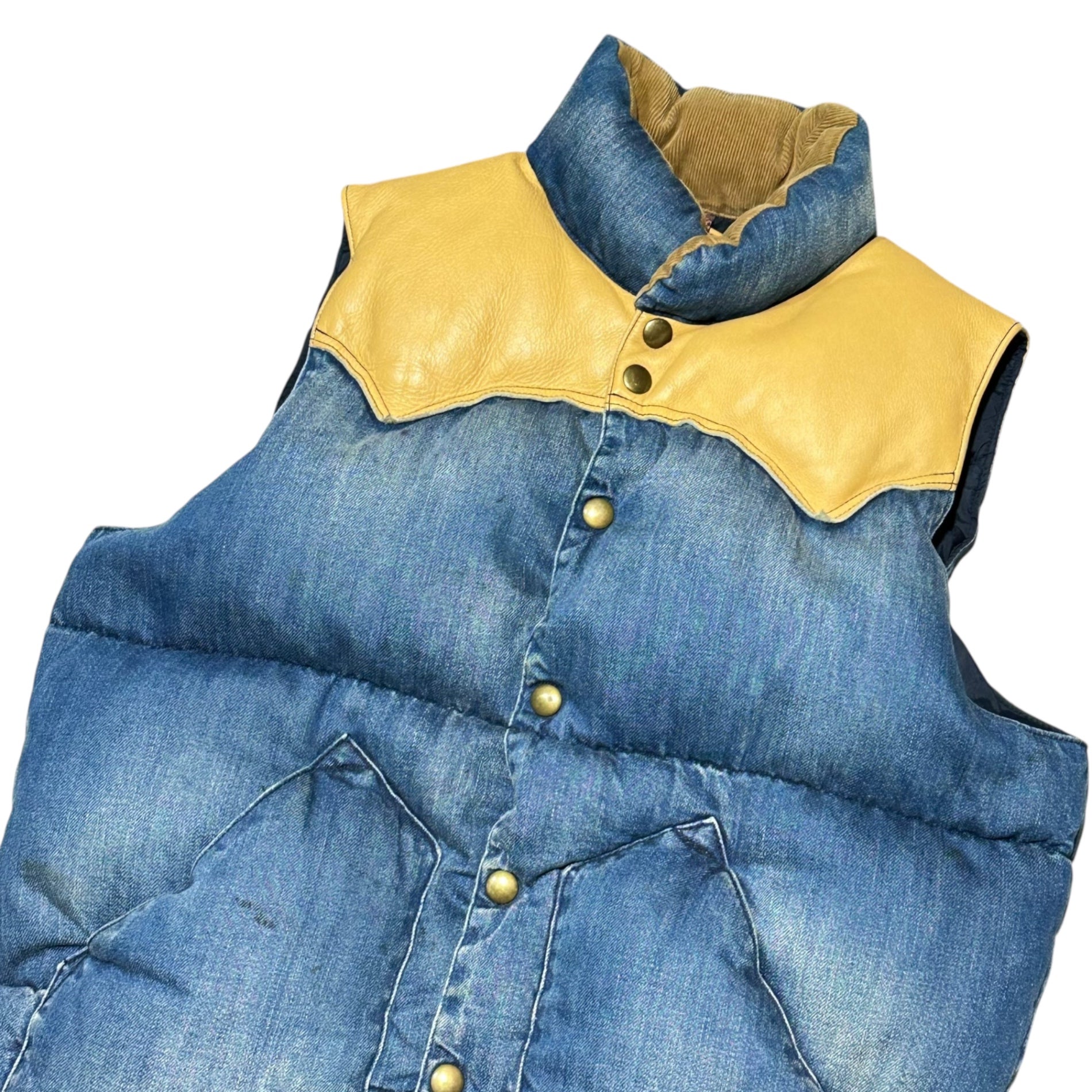 Rocky Mountain FeatherBed × BEAMS(ロッキーマウンテンフェザーベッド × ビームス) Leather Yoke Denim Down Vest レザー ヨーク デニム ダウン ベスト 450-472-63 38(M) インディゴ×ベージュ