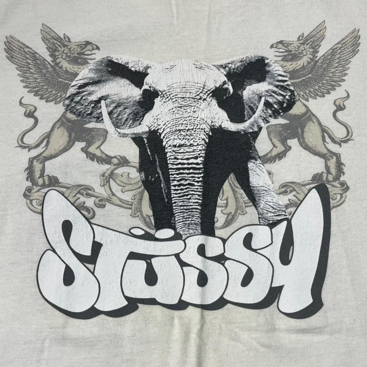 STUSSY(ステューシー) 90's~00's elephant back print Tシャツ 象 バックプリント 紺タグ SIZE M  ホワイト×グレー 90～00年代 OLD STUSSY