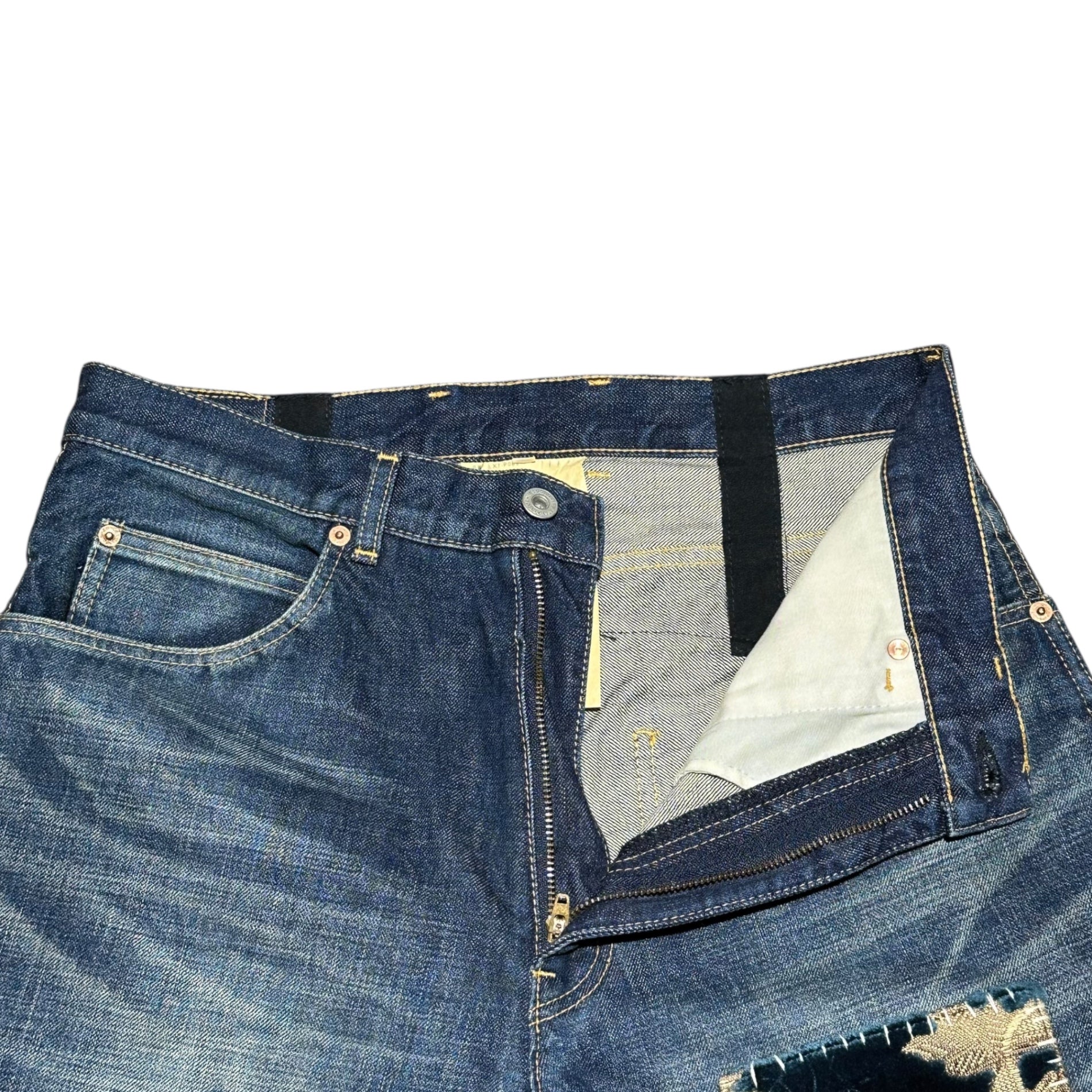 COMME des GARCONS JUNYA WATANABE(コムデギャルソンジュンヤワタナベ)  17AW Mixed-material patchwork tapered denim pants 異素材 パッチワーク テーパード デニム パンツ XT-P009 S インディゴ×マルチカラー AD2017