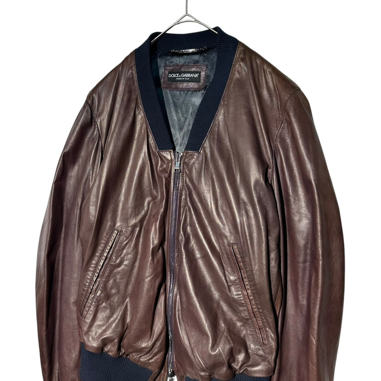 DOLCE&GABBANA(ドルチェ&ガッバーナドルガバ) Black Sheepskin Rib Blouson ブラック シープスキン リブ ブルゾン G9N12L/FULS8 46(S) ブラウン×ネイビー