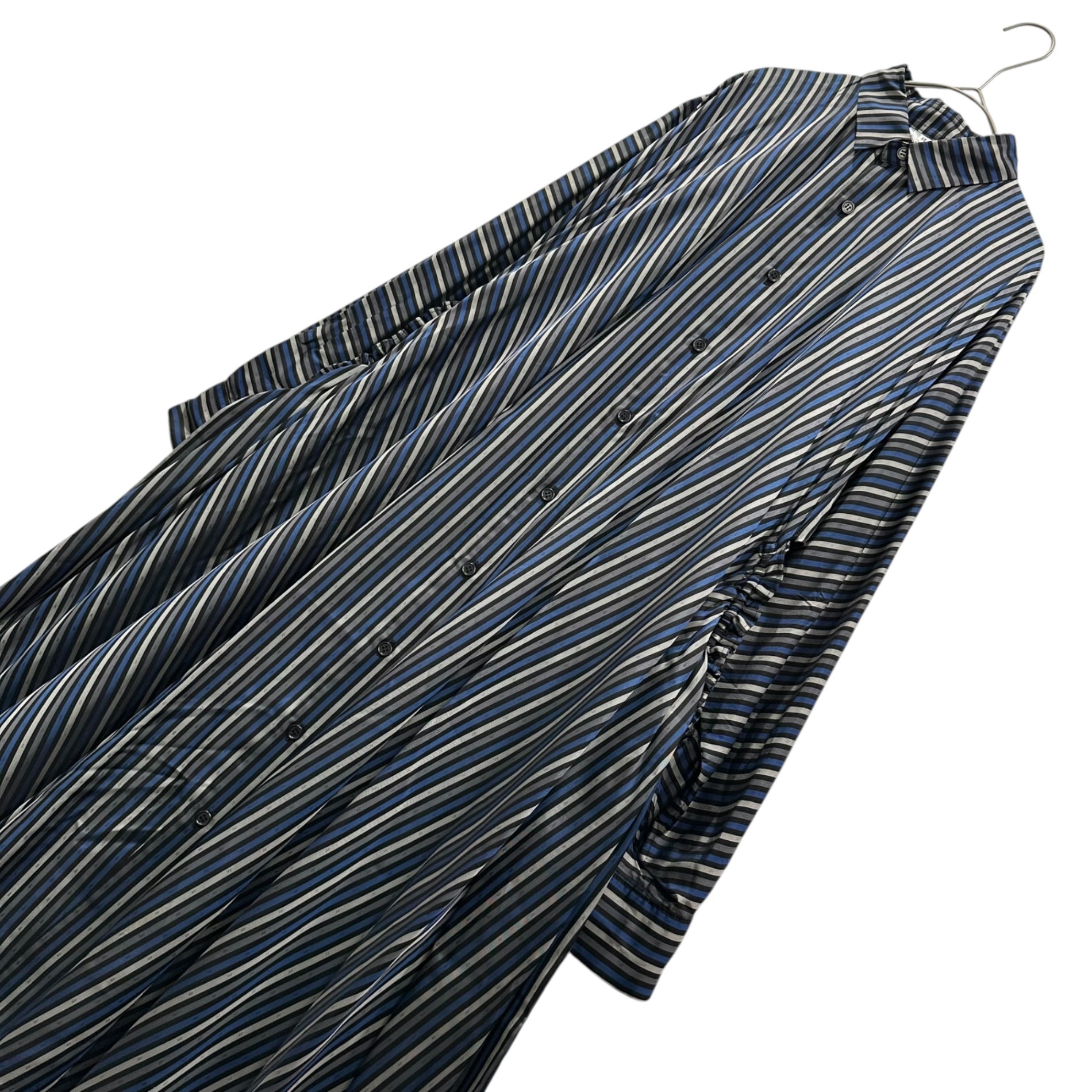 noir kei ninomiya(ノワールケイニノミヤ) 24SS Side-Gathered Striped Shirt Dress サイドギャザー ストライプ シャツ ワンピース 3M-O015 XS ブルー×ブラック AD2023 長袖 ロング キュプラ コムデギャルソン