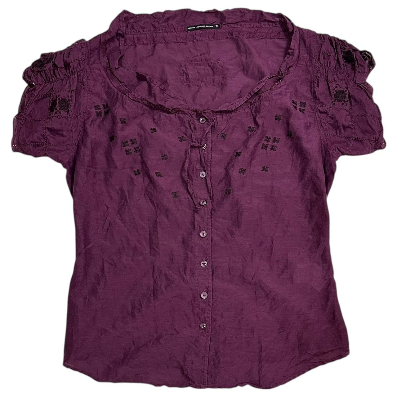 MARITHE FRANCOIS GIRBAUD(マリテフランソワジルボー) 00's Cotton silk embroidered French sleeve blouse コットン シルク 刺繍 フレンチスリーブ ブラウス F5-5167 M ボルドー Y2K 半袖