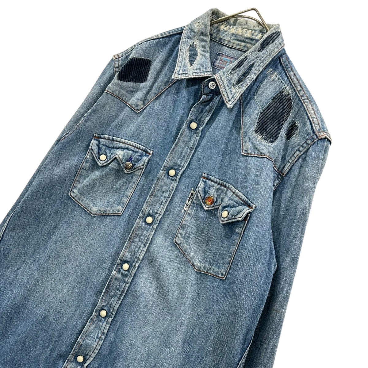 BLUE BLUE(ブルーブルー) BORO Western Denim Shirt ヴィンテージ加工 ウエスタン デニム シャツ 2 ライトインディゴ パッチワーク