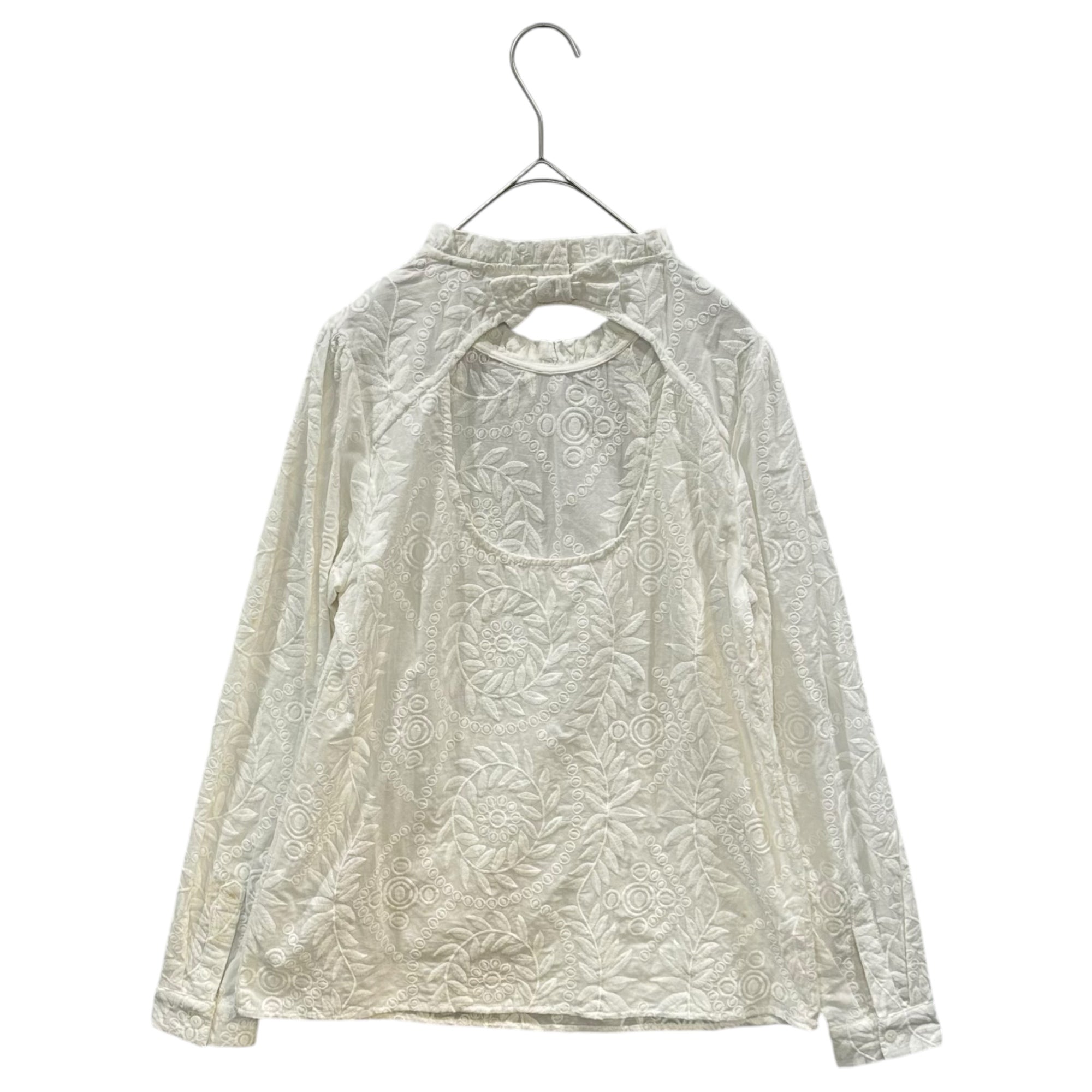 Euro vintage(ヨーロッパヴィンテージ) 70's~white embroidered frill high neck open back design blouse バックリボンデザインの総刺繍デザインブラウス Lサイズ程度 ホワイト