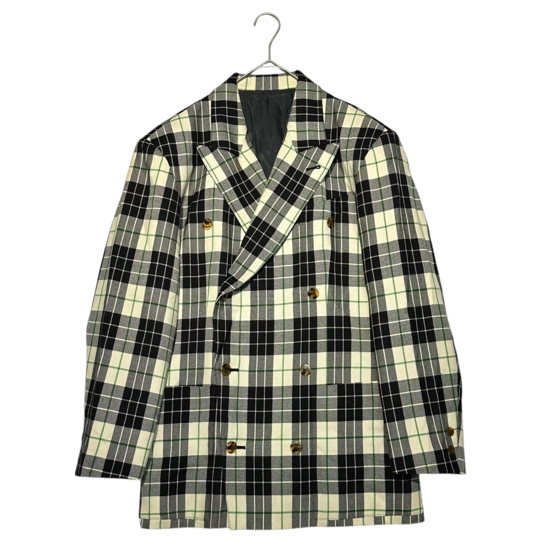 Jean Paul GAULTIER HOMME(ジャンポールゴルチエオム) 80's Archive Oversized Double Tailored Check Jacket 80年代 アーカイブ オーバーサイズ ダブル テーラード チェック ジャケット M アイボリー×ブラック×グリーン