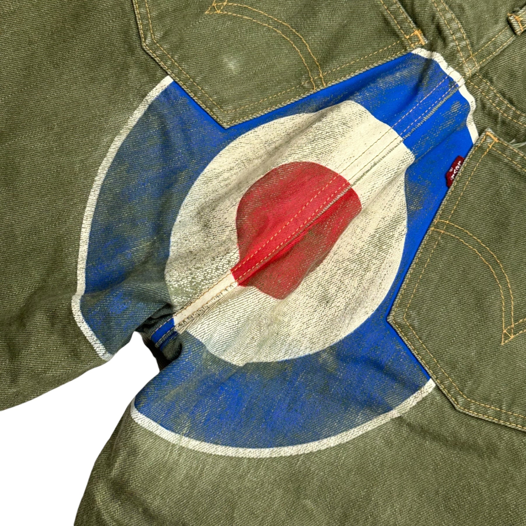 COMME des GARCONS JUNYA WATANABE MAN × Levi's × DOVER STREET MARKET(コムデギャルソンジュンヤワタナベマン × リーバイス × ドーバーストリートマーケット) 2007SS Back Roundel Logo Print Green Denim Pants バック ラウンデル マーク プリント グリーン カラー デニム パンツ DSM-P030 M カーキ×マルチカラー AD2006 00s アーカイブ 3コラボ 稀少