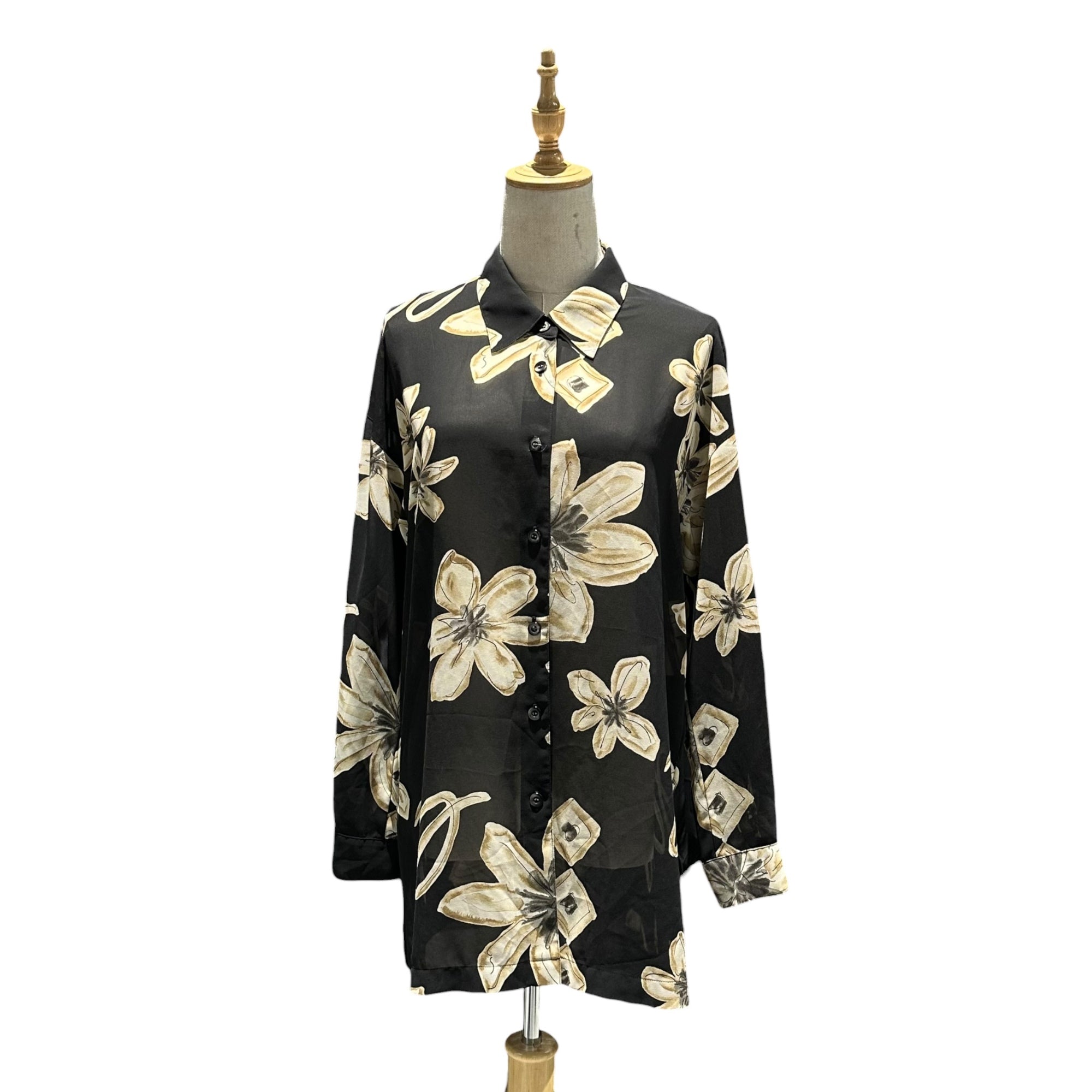 ISSEY MIYAKE(イッセイミヤケ) 1993SS Large Ink Wash Flower Print Sheer Shirt 大輪の水墨花 シアー シャツ IM91-JF343 M ブラック 90's 90年代 メンズ着用可