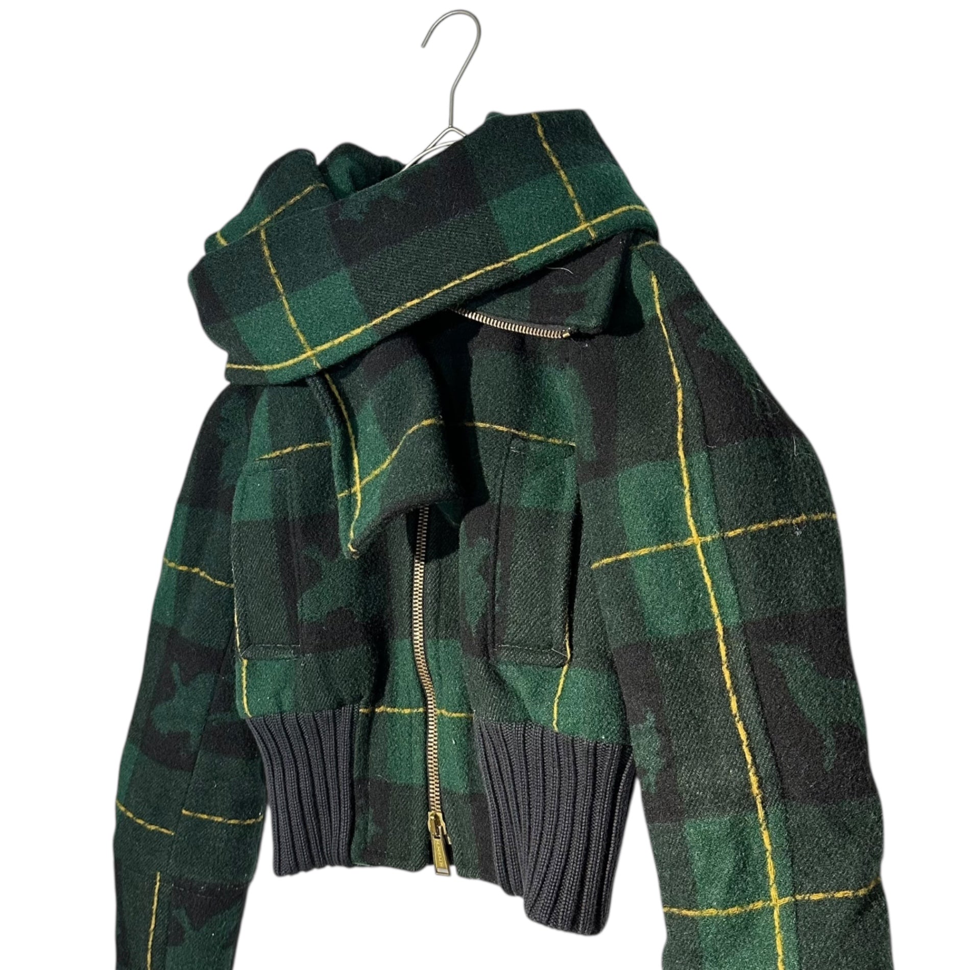 DSQUARED2(ディースクエアード) Wide ribbed short length check blouson with detachable wool scarf 取り外し可能 ウール マフラー 付属 ワイド リブ ショート丈 チェック ブルゾン 72 K026 40(L) グリーン