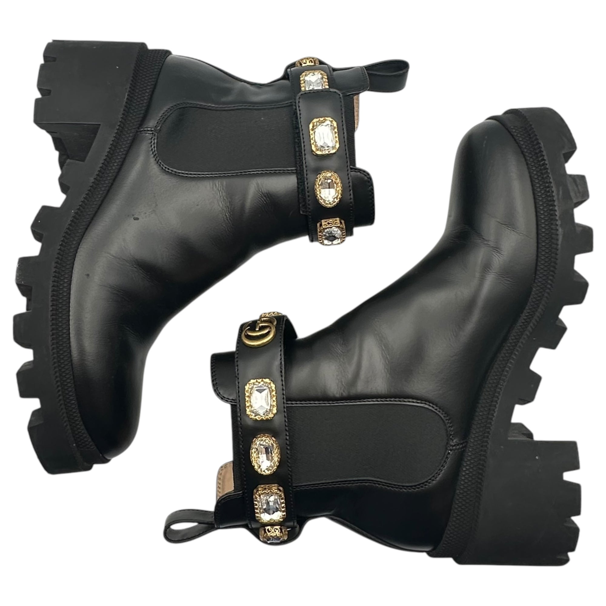 GUCCI(グッチ) Black Leather Ankle Boot With Belt GG マーモント クリスタル サイドゴア ブーツ 550036 37(24cm程度) ブラック