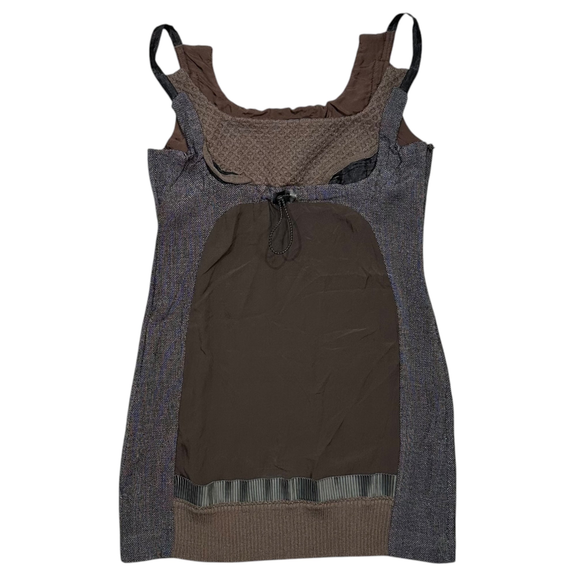 UNDERCOVER(アンダーカバー) 2007AW Purple Collection Mixed-Fabric Paneled Drawstring Silk Sleeveless Blouse パープル期 異素材 切替 ドローコード シルク ノースリーブ ブラウス 7A70-OP8  2 ブラウン×ブラック コレクションランウェイ 着用アイテム アーカイブ 稀少品