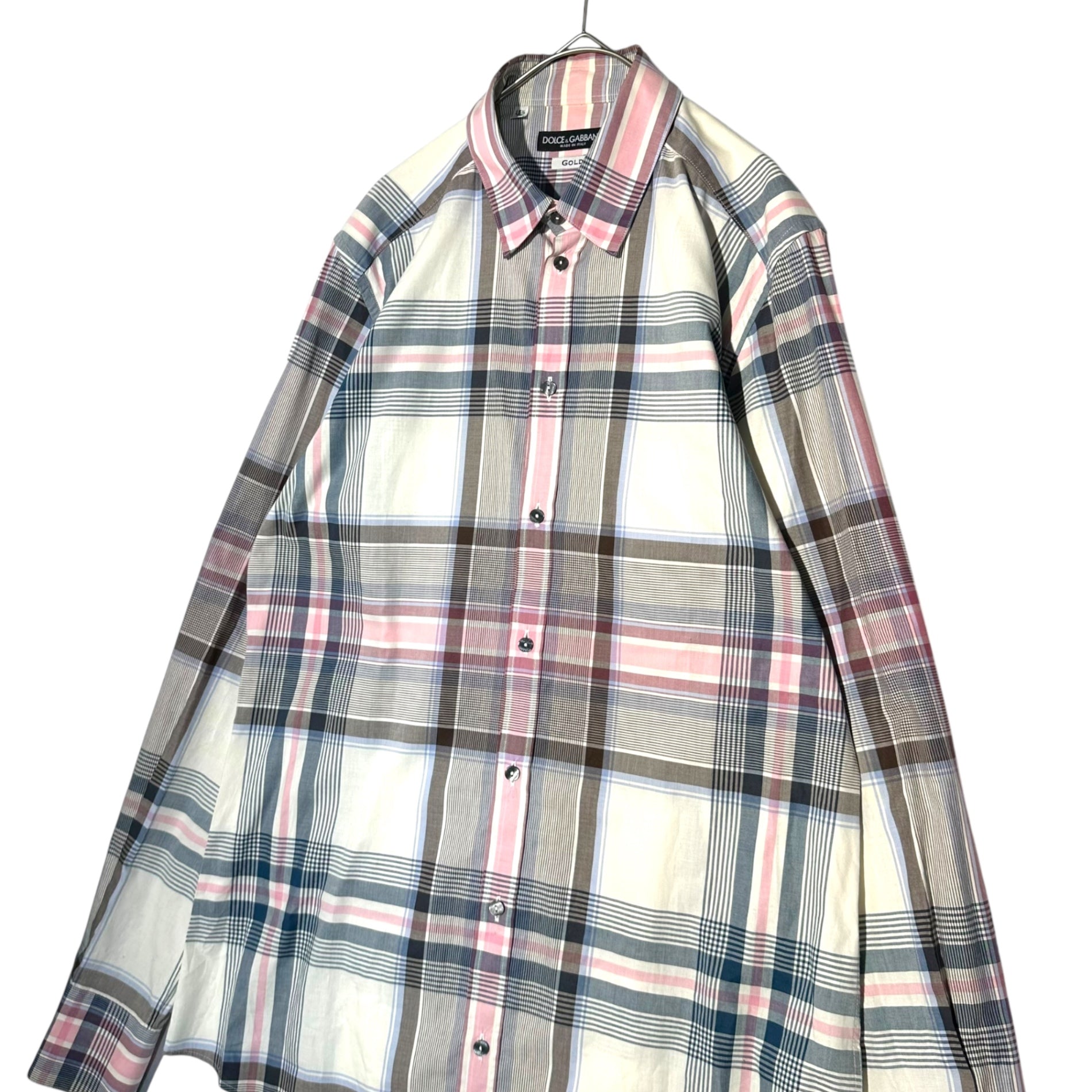 DOLCE&GABBANA(ドルチェ&ガッバーナドルガバ) GOLD Check L/S Shirt チェック 長袖 シャツ G5AG7T FQ5G9 40 15 1/2(M程度) ホワイト×ピンク