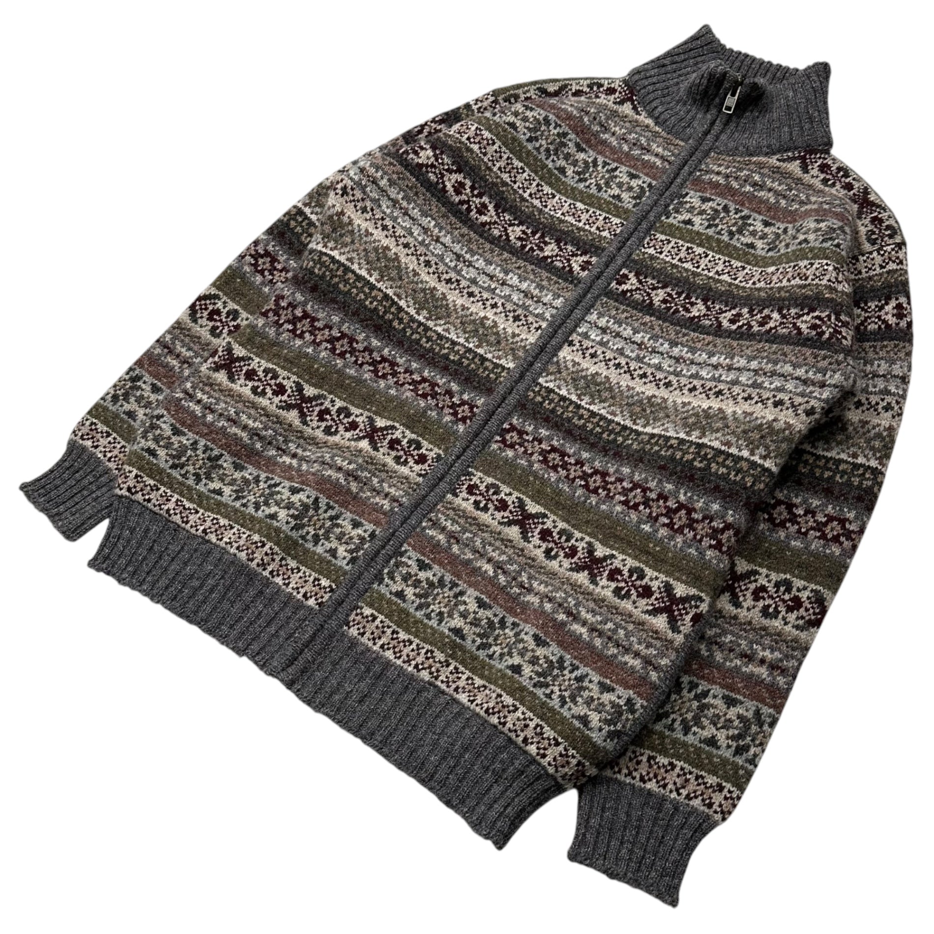 jamieson's(ジャミーソンズ) 90's~00's Nordic pattern full-zip knitノルディック柄 フルジップ ニット MK457Z 44 グレー×マルチカラー