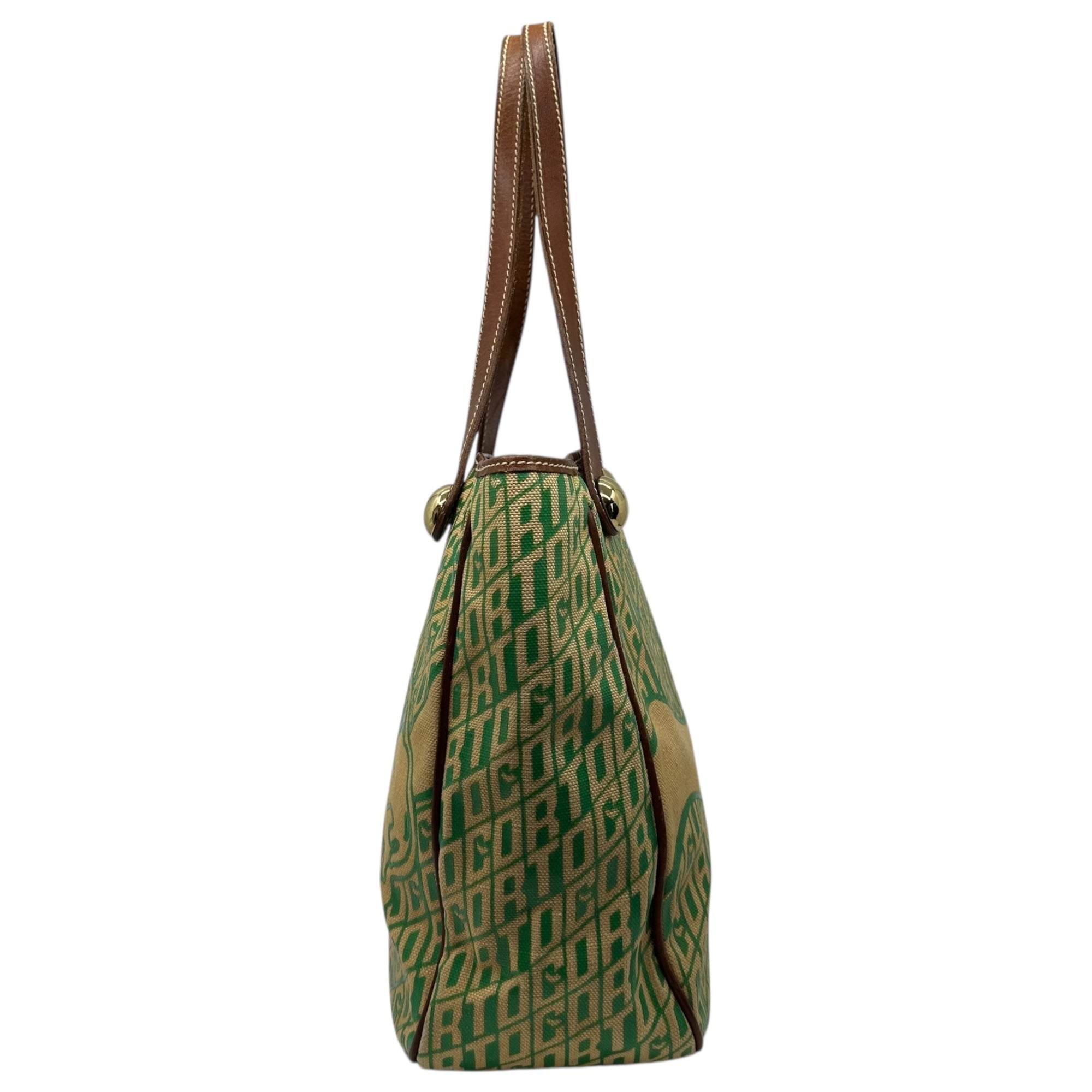 Corto Moltedo(コルトモルテド) Logo All-Over Print Canvas Leather Tote Bag ロゴ 総柄 キャンパス レザー トート バッグ グリーン×ベージュ
