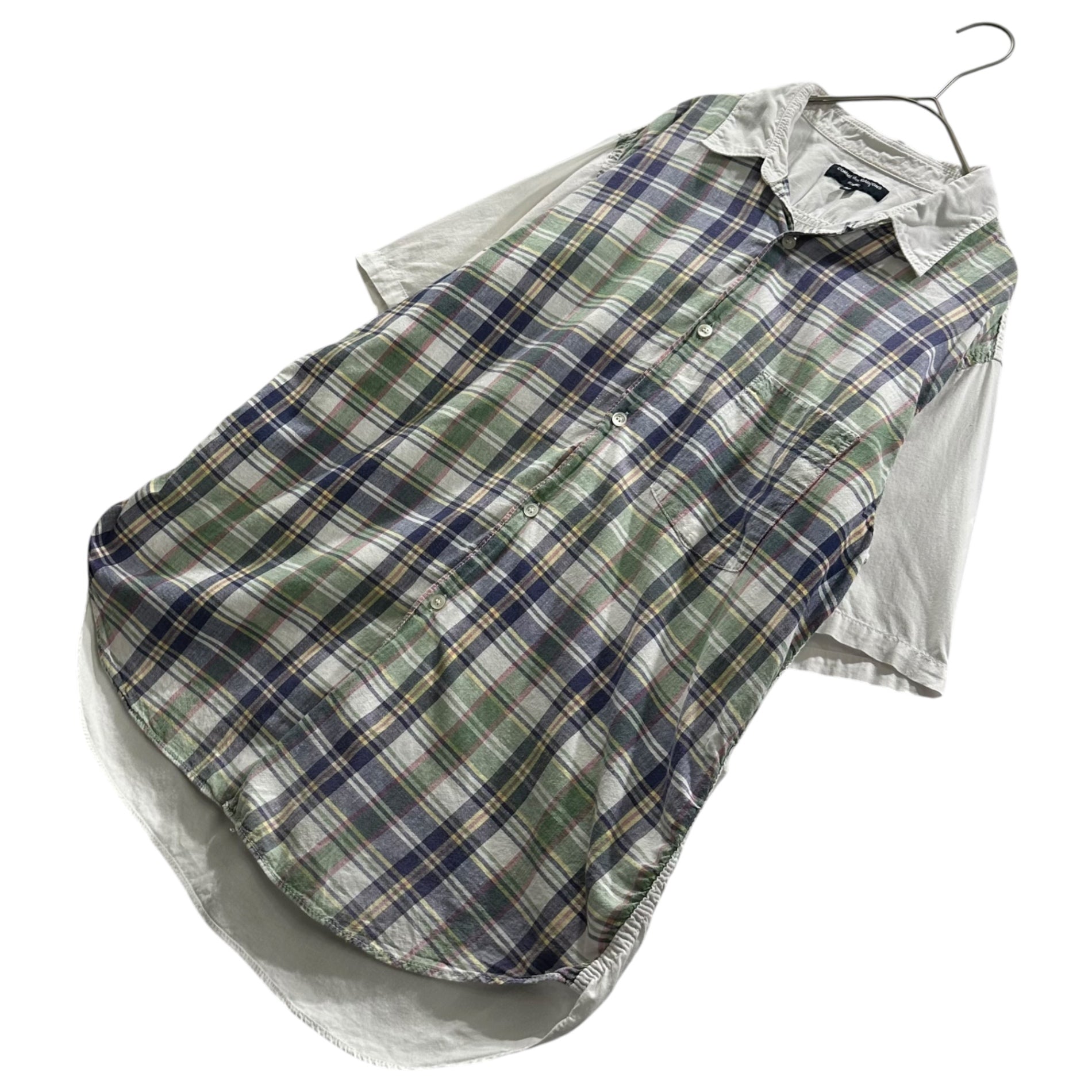 COMME des GARCONS HOMME(コムデギャルソンオム) Check Pattern Cleric Shirt チェック 切替 クレリック 半袖 シャツ M ホワイト×マルチカラー 品質表示タグ印字消え
