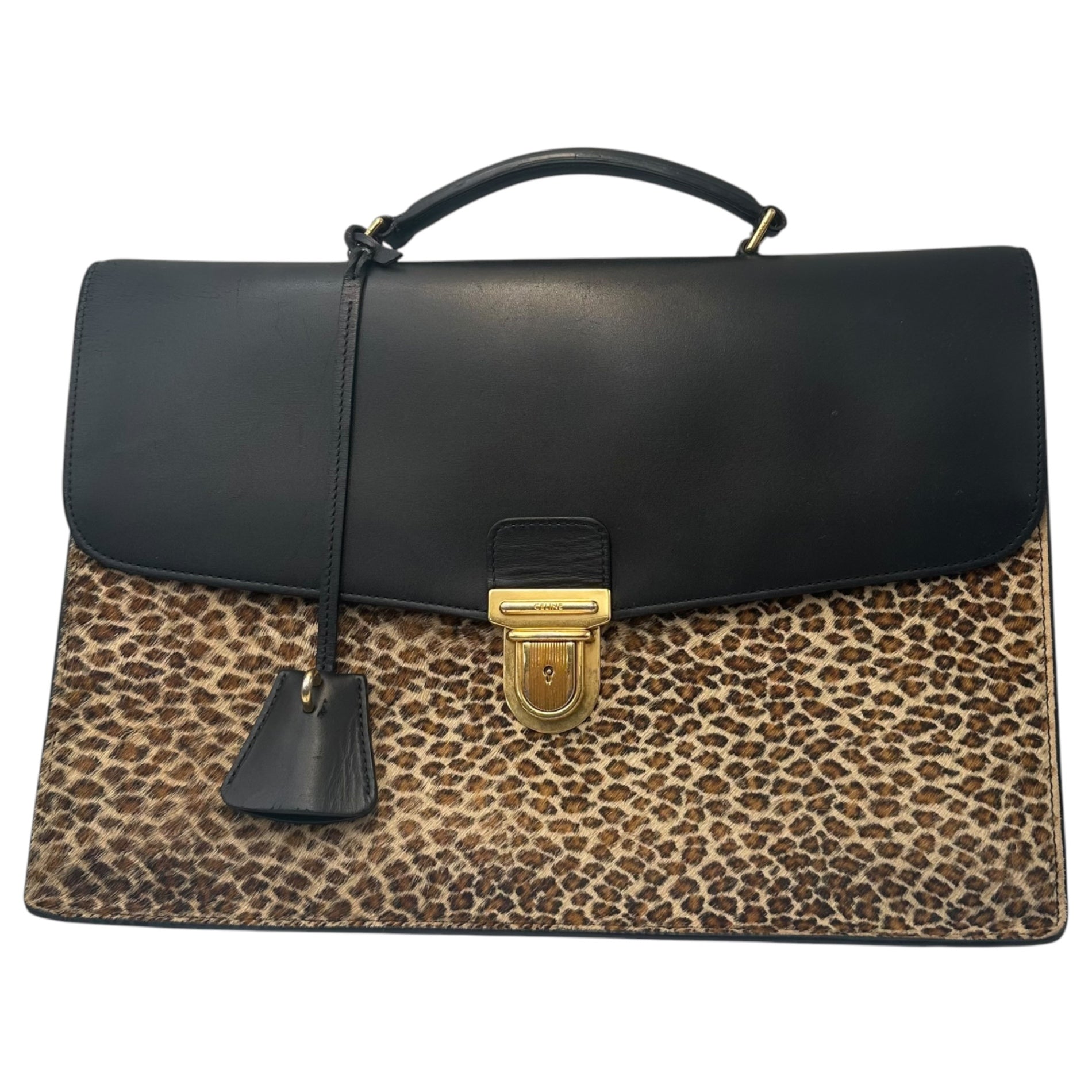 CELINE(セリーヌ) 2019SS By Hedi Slimane Cartable Leopard Briefcase エディ期 カータブル スモール ブリーフケース - レオパード F-MP-2199 ブラック×ブラウン ハンド バッグ ビジネス ハラコ