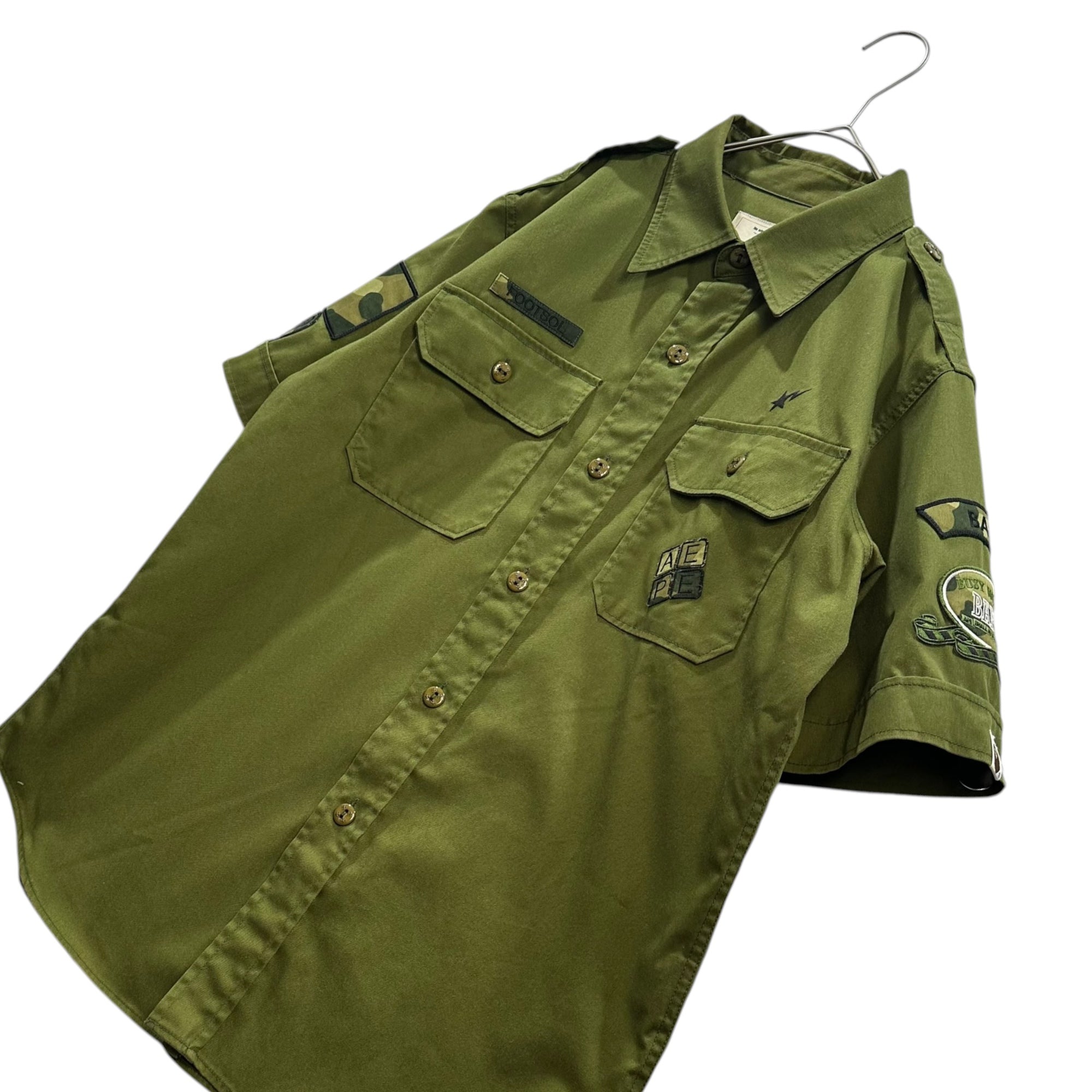 A BATHING APE(アベイシングエイプ) 00's FELLOWSHIP BAPE CAMP BOY SCOUT SHIRT ワッペン 半袖 ボーイ スカウト シャツ M オリーブ