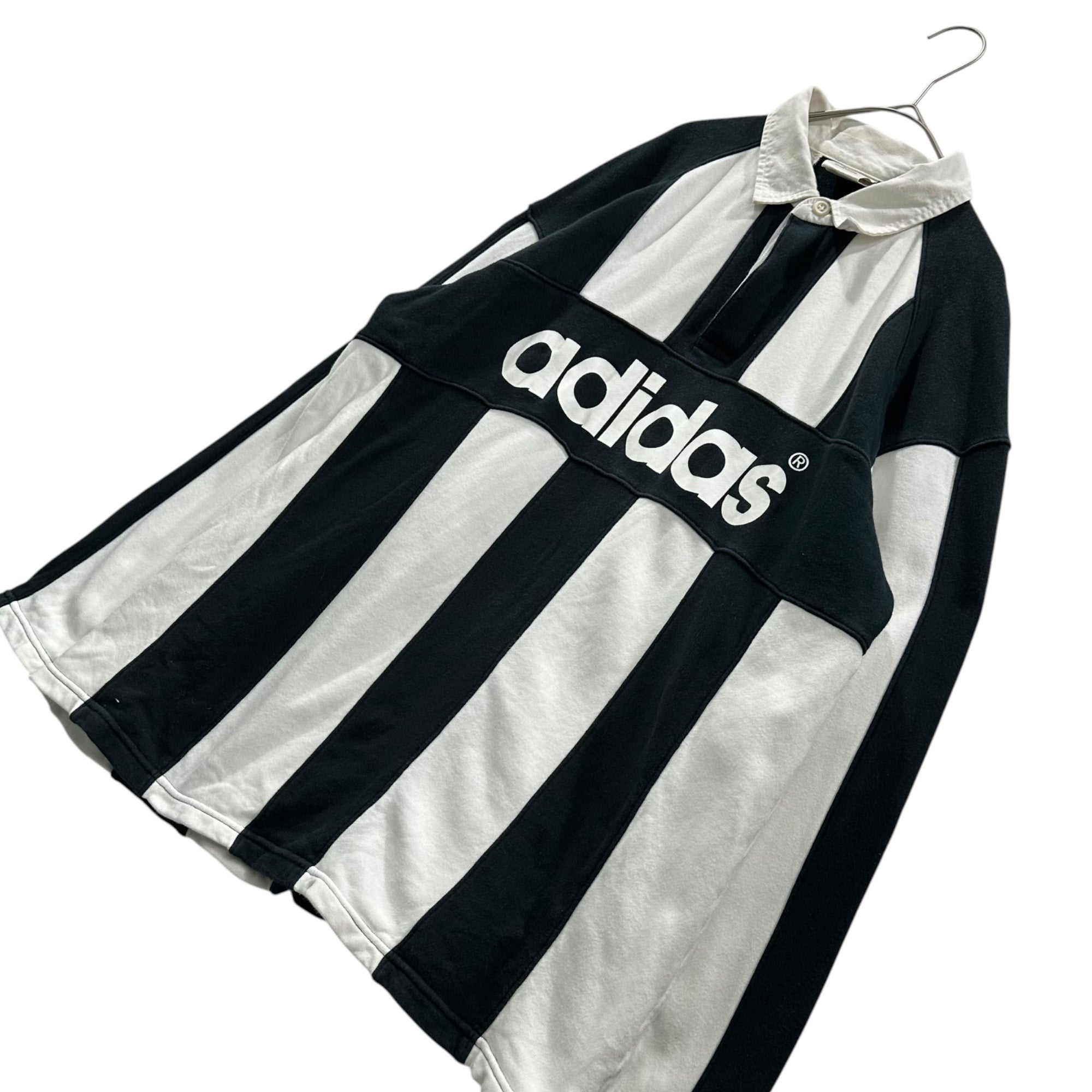 adidas(アディダス) 80's~90's Logo Stripe Rugby Shirt ロゴ ストライプ ラガー シャツ AA-6217 L-O ブラック×ホワイト 80年代～90年代 ヴィンテージ デサント製 長袖