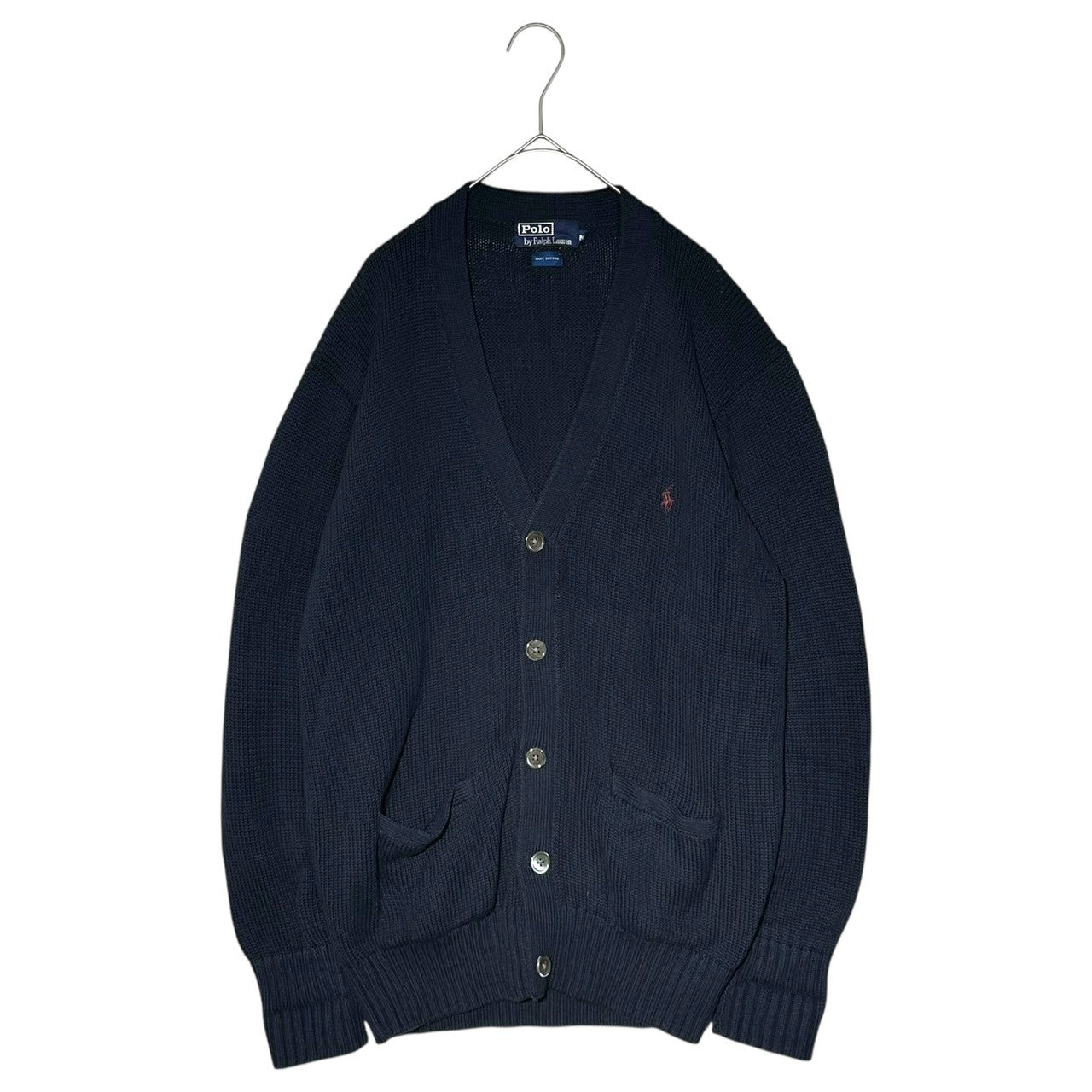 POLO RALPH LAUREN(ポロラルフローレン) 90's~00's Pony Embroidered Cotton V-Neck Knit Cardigan ポニー 刺繍 コットン Vネック ニット カーディガン M ネイビー インパクト21