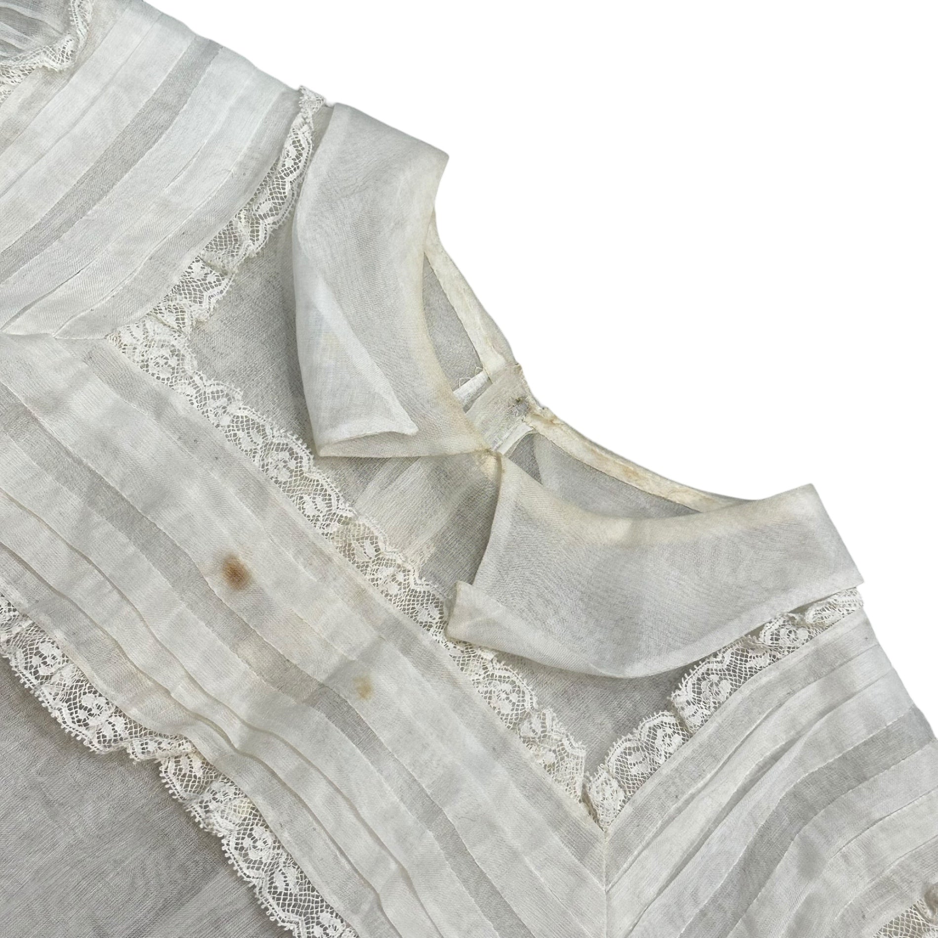Euro antique(ヨーロッパアンティーク) about 1900's~ organza lace decoratedwith collar dress 20世紀初頭頃のレース装飾オーガンザドレス 表記無し(S程度) ベージュ