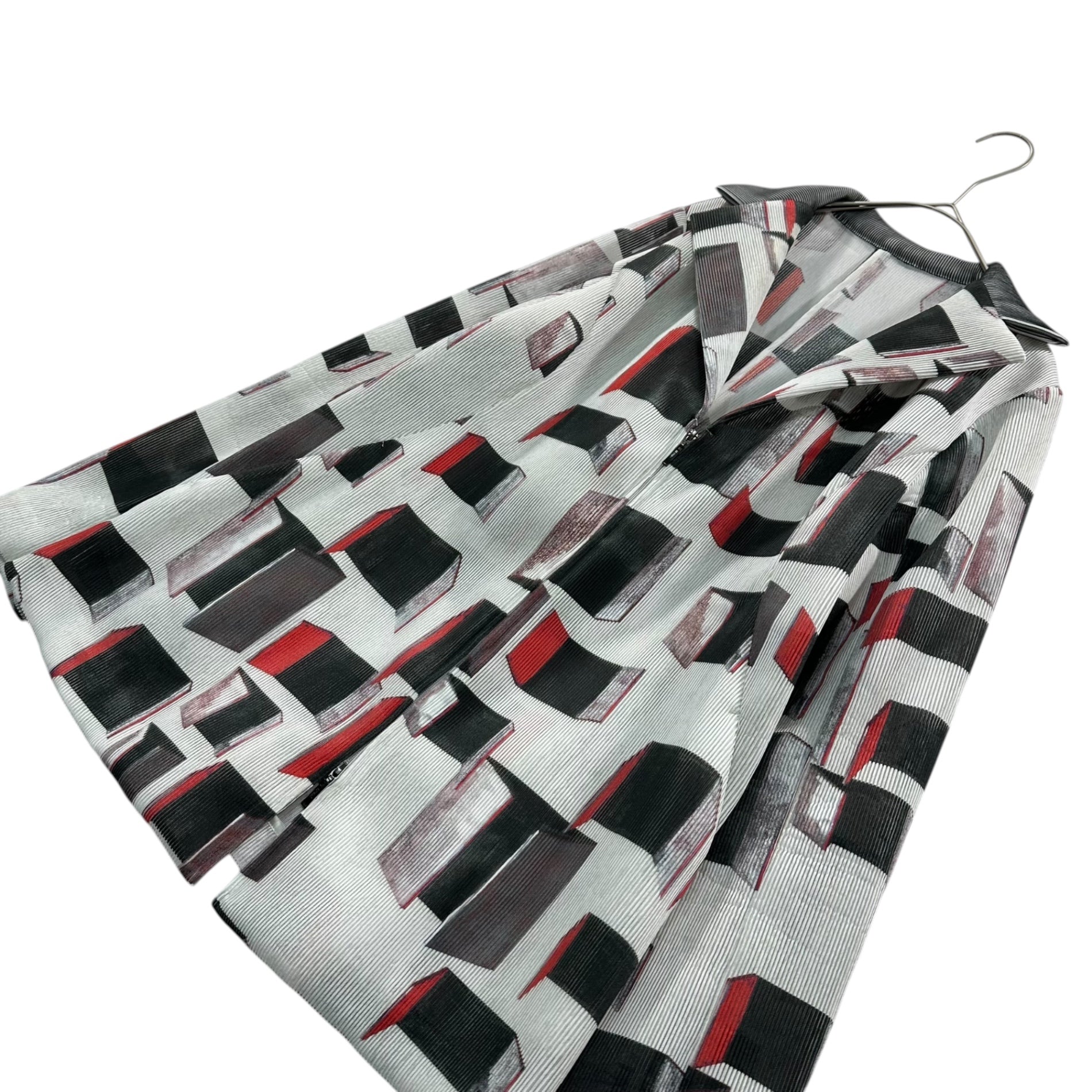HIROKO KOSHINO TRUNK(ヒロコ コシノ トランク)  00's Geometric Pattern Pleated Zip-Up Jacket 幾何学模様 プリーツ ジップアップ ジャケット RSJEP-42470 40(L程度) グレー×ブラック×レッド OLD 2000年代