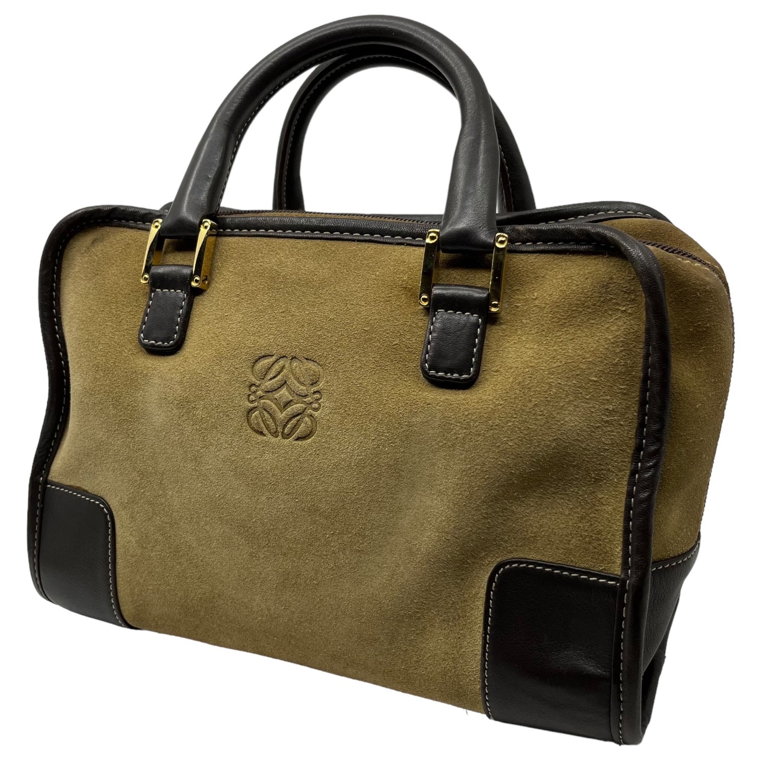 LOEWE(ロエベ) Amazona 28 Anagram Logo Suede Mini Boston Handbag アマソナ28 アナグラム  ロゴ スウェード ミニ ボストン バッグ ベージュ×ブラウン OLD ヴィンテージ レザー 本革