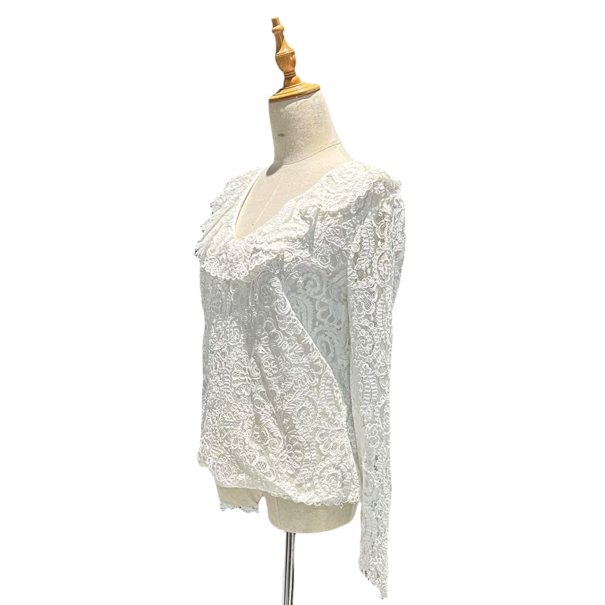 Euro vintage(ヨーロッパヴィンテージ) 70's~ full floral lace v-neck big collar white blouse フローラル総柄レースと大きな襟のVネックブラウス 46(Lサイズ程度)/若干のほつれ有 ホワイト