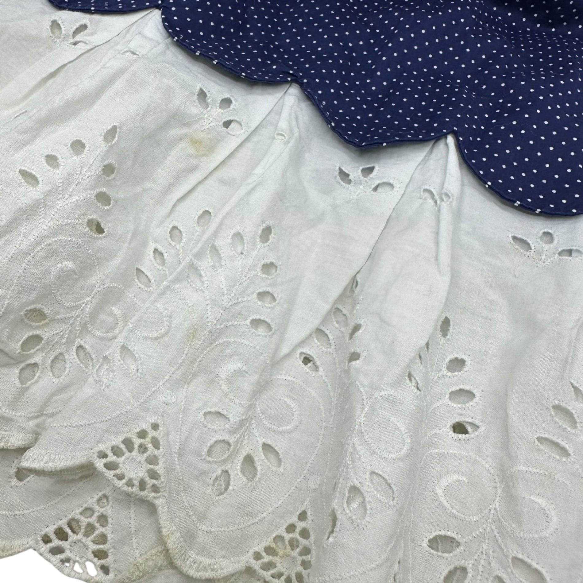 Euro vintage(ヨーロッパヴィンテージ) 70's~ Mizutama_dot printed knee length skirt with  embroidery lace 水玉とエンブロイダリーレースのひざ丈スカート 表記無し(S~M程度) ブルー×ホワイト