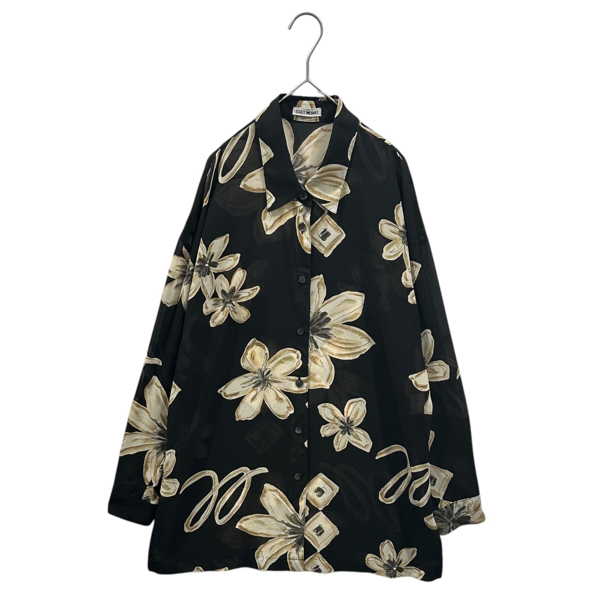 ISSEY MIYAKE(イッセイミヤケ) 1993SS Large Ink Wash Flower Print Sheer Shirt 大輪の水墨花 シアー シャツ IM91-JF343 M ブラック 90's 90年代 メンズ着用可