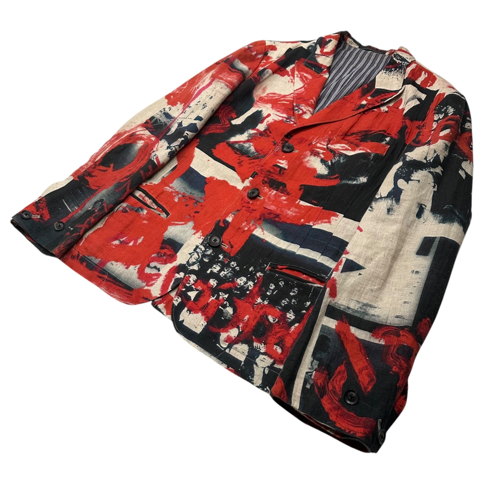 YOHJI YAMAMOTO POUR HOMME(ヨウジヤマモトプールオム) 2018SS Collage Print 3B Linen Jacket コラージュ プリント 3ボタン リネン ジャケット HW-J50-321 2(M程度) レッド×ネイビー×ベージュ 2018春夏コレクション LOOK21
