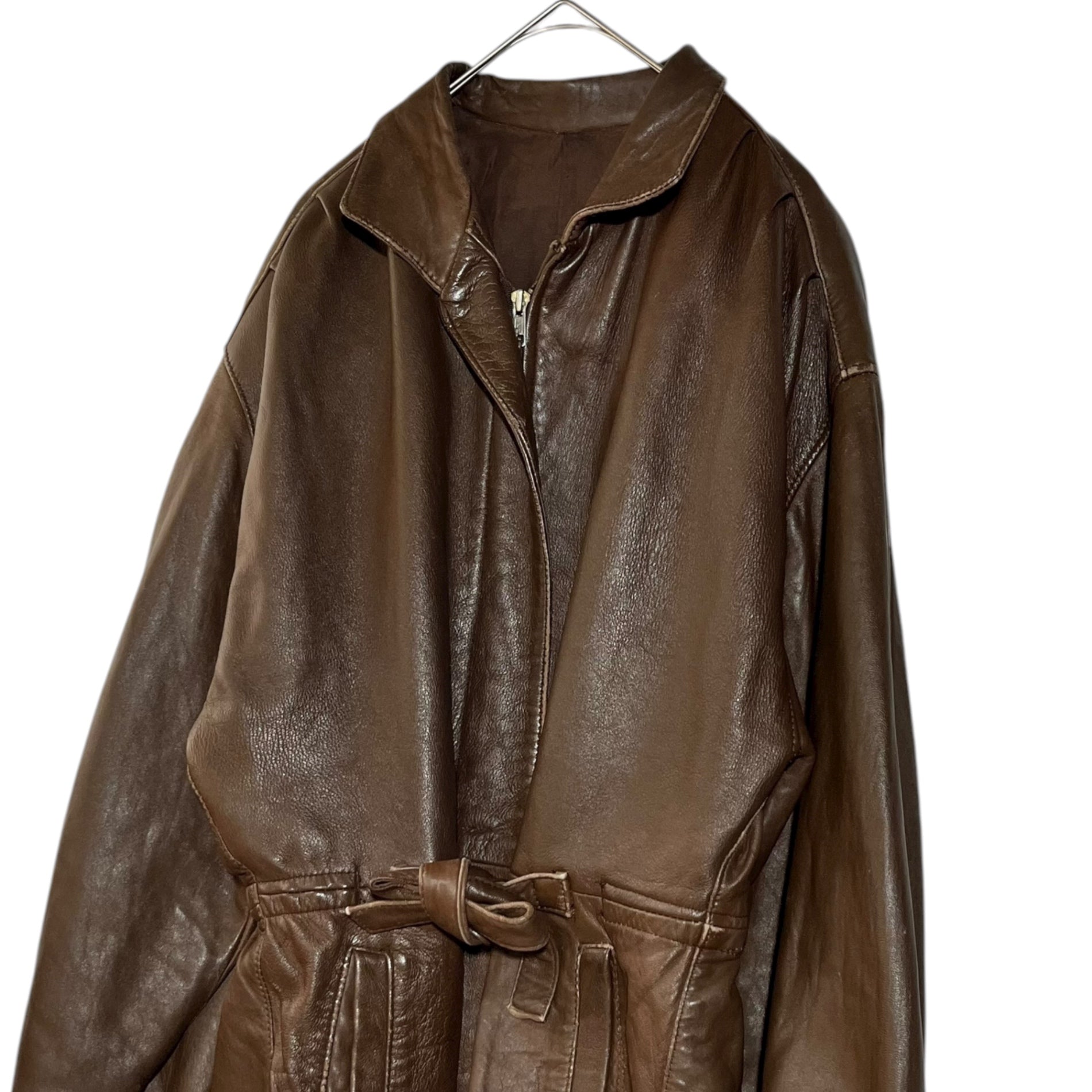 Euro vintage(ヨーロッパヴィンテージ) brown leather front ribbon design jacket フロントリボン付きブラウンレザージャケット 表記無し(M~L程度) ブラウン