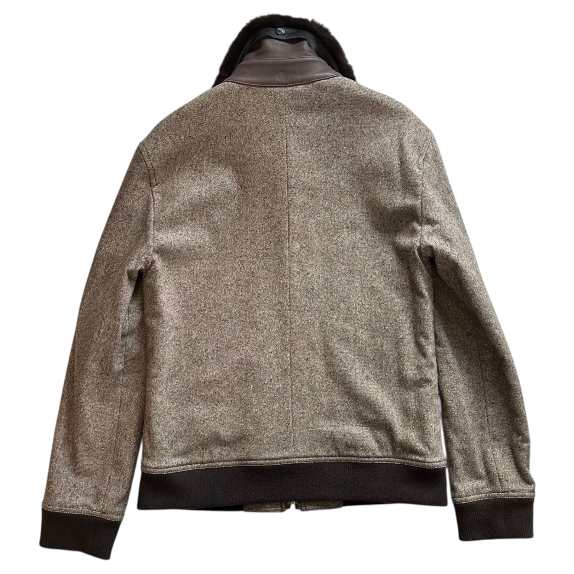 BURBERRY BLACK LABEL(バーバリーブラックレーベル) Fur-Trimmed Leather-Panel Tweed Zip-Up Jacket ファー付 レザー 切替 ツイード ジップアップ ジャケット BMP86-322-46 M ベージュ×ブラウン ブルゾン