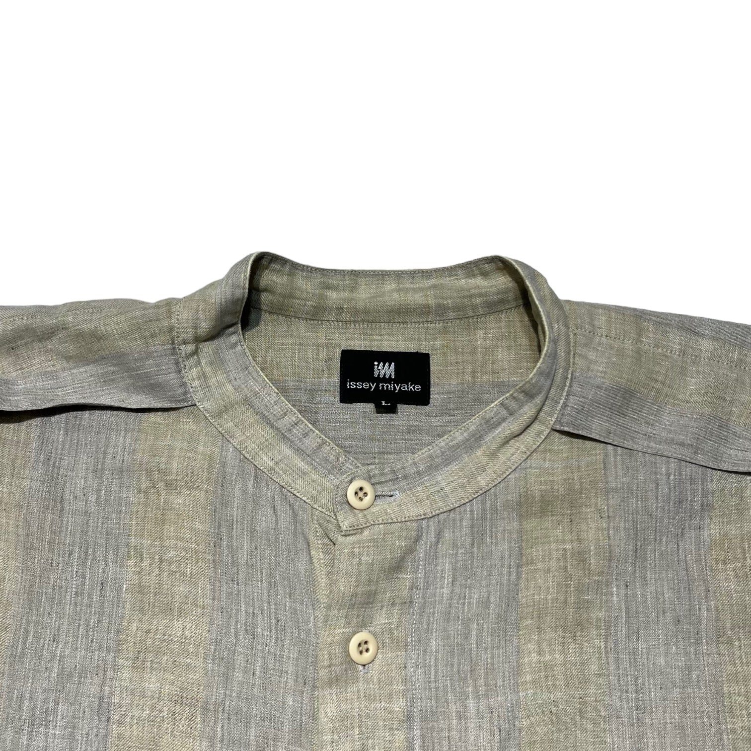 im ISSEY MIYAKE(アイエム イッセイミヤケ) 90's Linen band collar short sleeve striped  shirt リネン バンドカラー 半袖 ストライプ シャツ 90年代 L ベージュ