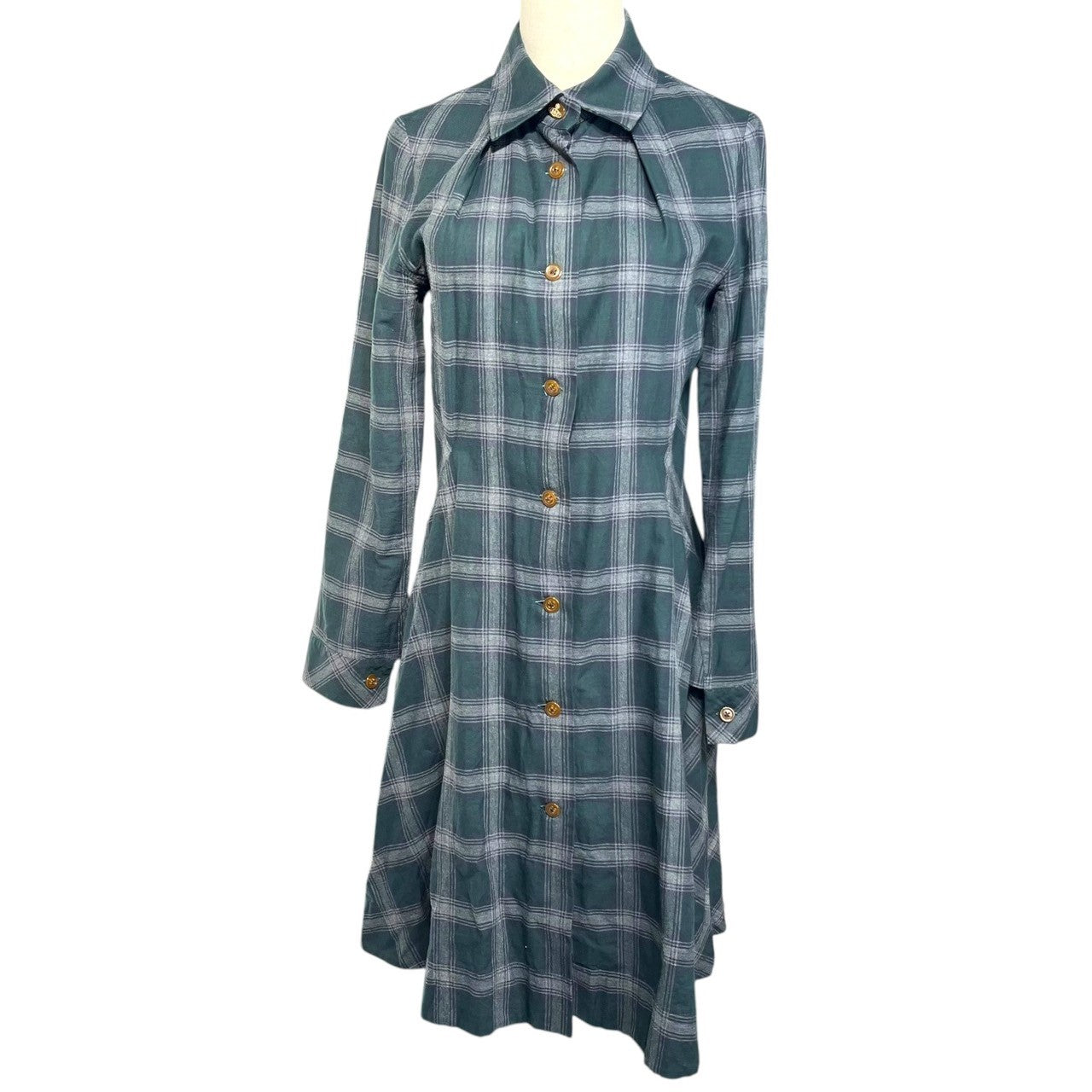 Vivienne Westwood RED LABEL(ヴィヴィアンウエストウッドレッドレーベル) Orb Button Tartan Check Flare Dress オーブ ボタン タータン チェック フレア ワンピース 16-01-582015 3(L程度) グリーン×グレー