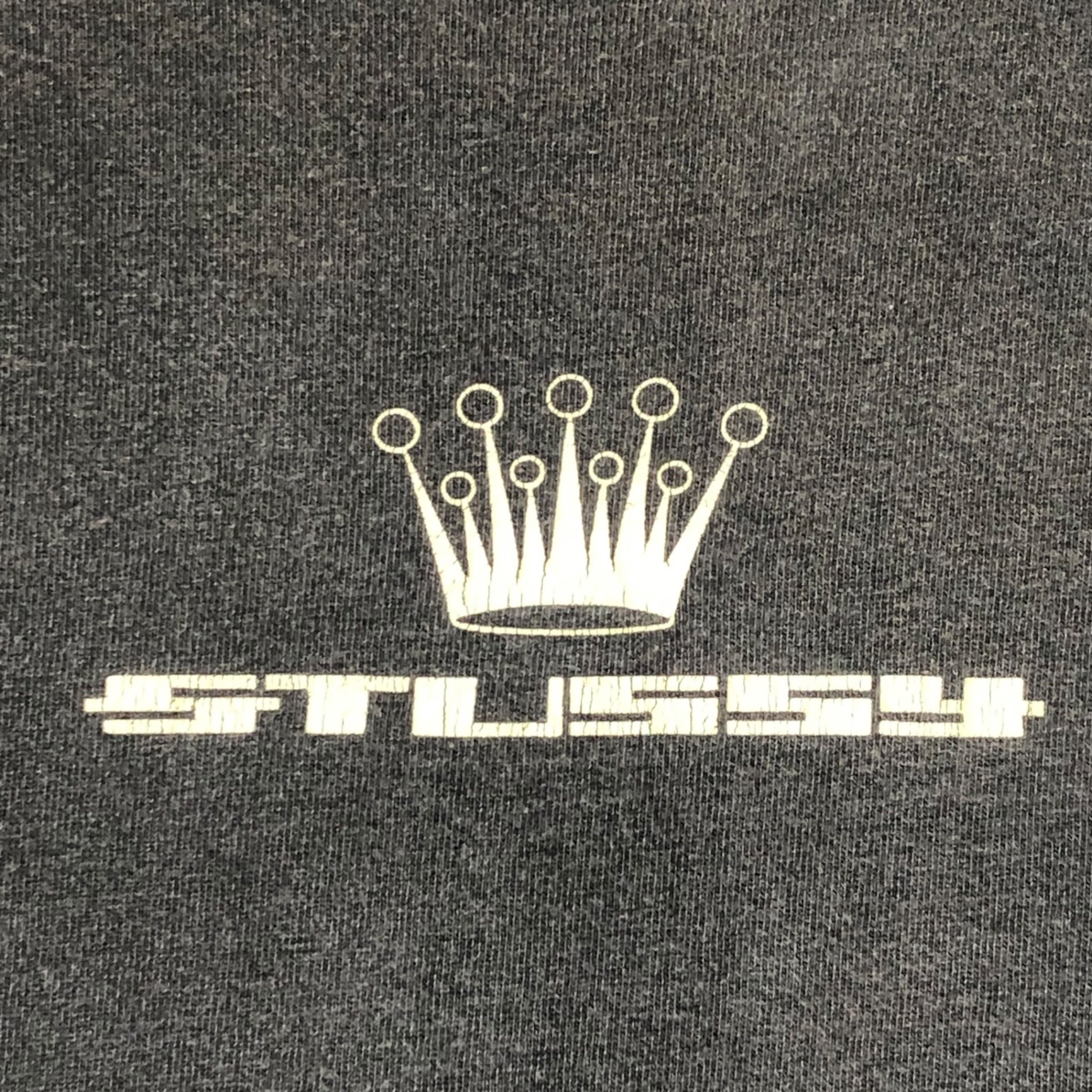 STUSSY(ステューシー) 80's VINTAGE crown logo 王冠 ロゴ Tシャツ 黒タグ SIZE L グレー×ホワイト 80年代 OLD STUSSY ショーンフォント