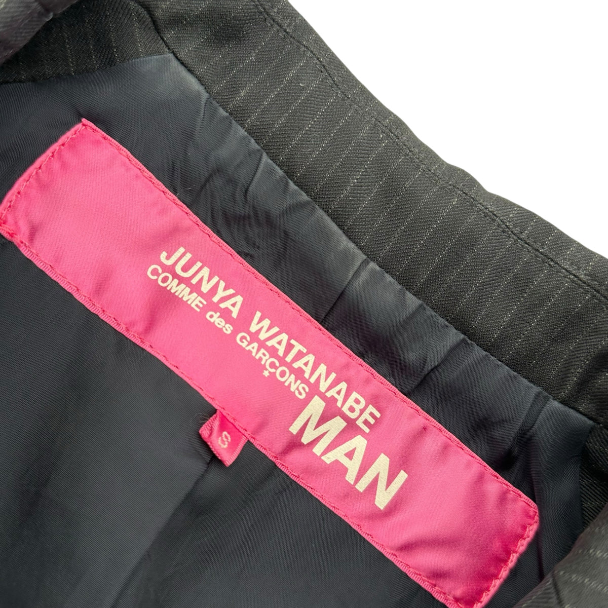 COMME des GARCONS JUNYA WATANABE MAN PINK(コムデギャルソンジュンヤワタナベマンピンク) 2005AW Ragged-Edge Stripe Skirt Set カットオフ加工 ストライプ スカート セットアップ JKT:UP-J001 BOTTOMS:UP-S006 JKT:S BOTTOMS:M ネイビー AD2005