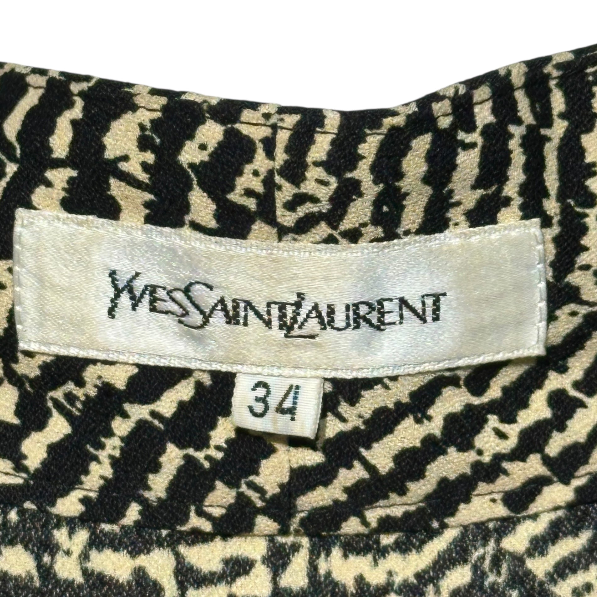 YVES SAINT LAURENT(イヴサンローラン) Open-collar all-over print blouse オープンカラー 総柄 ブラウス スカート セットアップ HTA64-681 TOP：34(XS程度) BOTTOM：36(S程度) ベージュ×ブラック