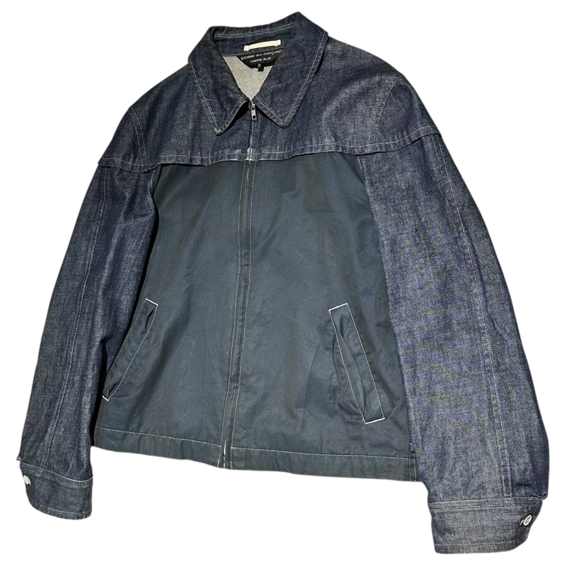 COMME des GARCONS HOMME PLUS(コムデギャルソンオムプリュス) 02SS Fluorescent denim cut zip-up swing top jacket 蛍光期 デニム 切替 ジップアップ スイングトップ ジャケット PE-J086 M インディゴ×ブラック AD2001