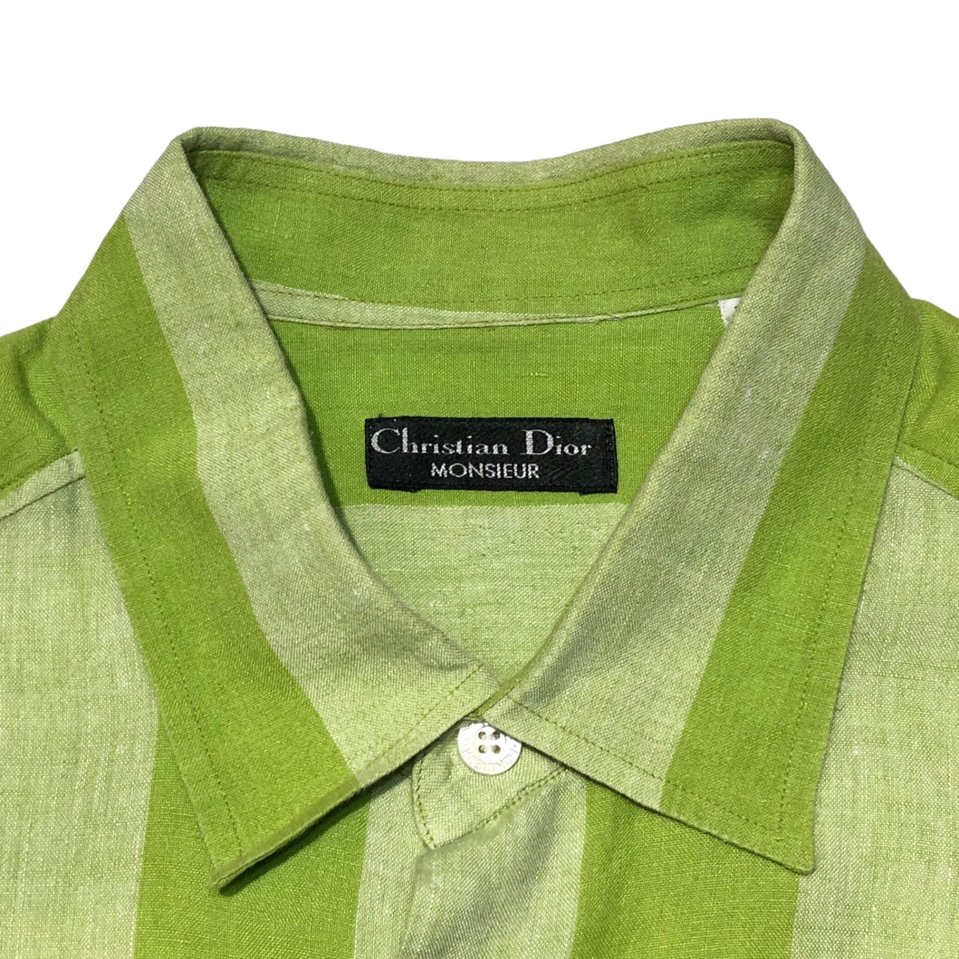 Christian Dior MONSIEUR（クリスチャンディオールムッシュ） 90's striped short sleeve linen shirt ストライプ 半袖 リネン シャツ L ライトグリーン×ホワイト 90年代 ヴィンテージ