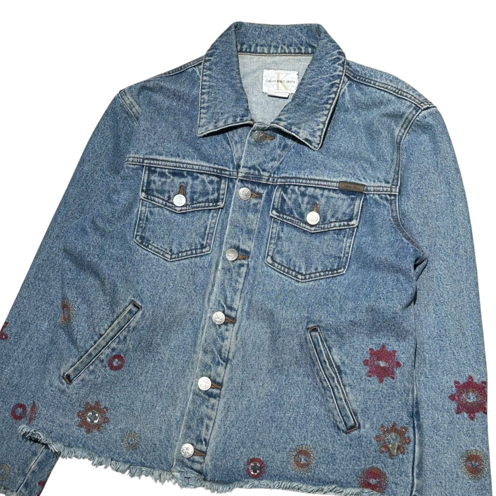 Calvin Klein Jeans(カルバンクラインジーンズ) 90~00's Flower Stitch Remake Raw-Edge Denim Jacket 花 ステッチ リメイク 切りっ放し デニム ジャケット ライトインディゴ