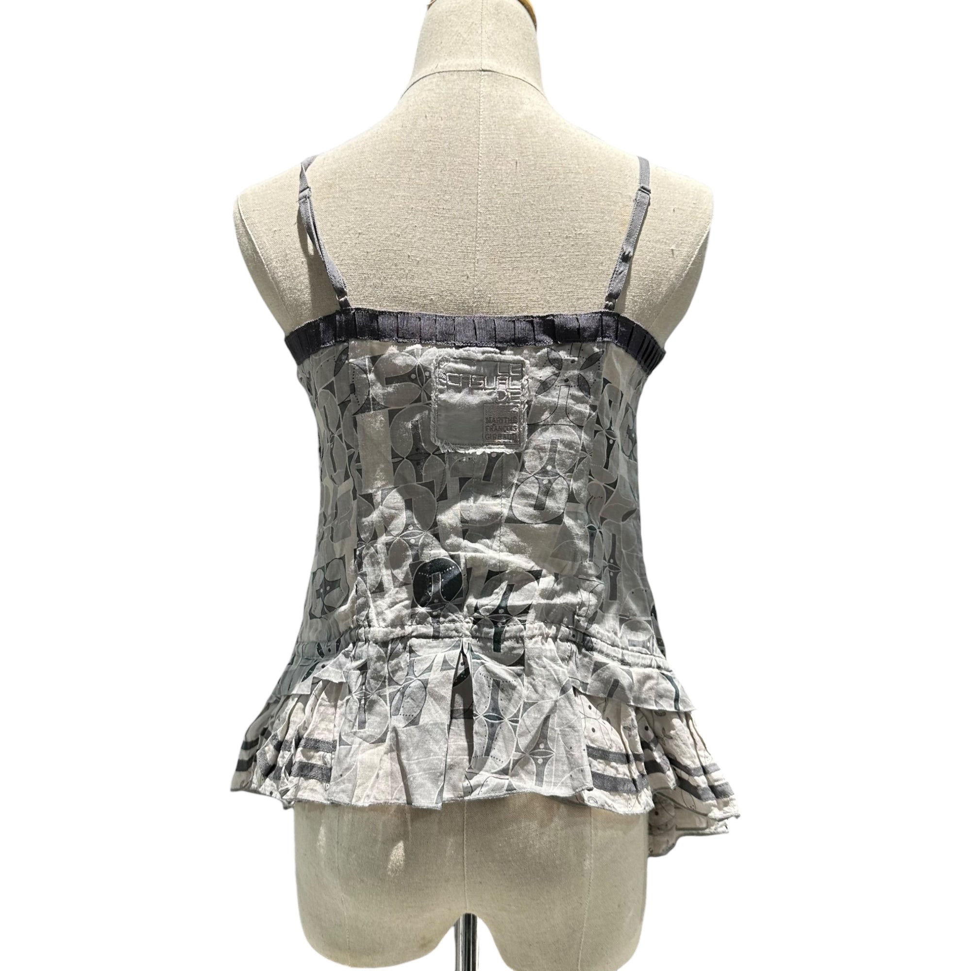MARITHE FRANCOIS GIRBAUD(マリテフランソワジルボー) 00's All-over print linen camisole blouse 総柄 リネン キャミソール ブラウス F6-5356 M グレー Y2K ビスチェ フレア