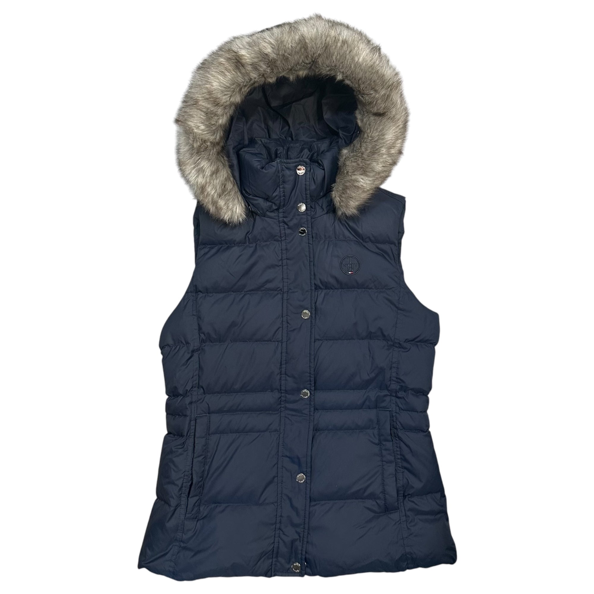 TOMMY HILFIGER(トミーヒルフィガー) Hooded eco-fur down vest フーデッド エコファー ダウン ベスト L ネイビー